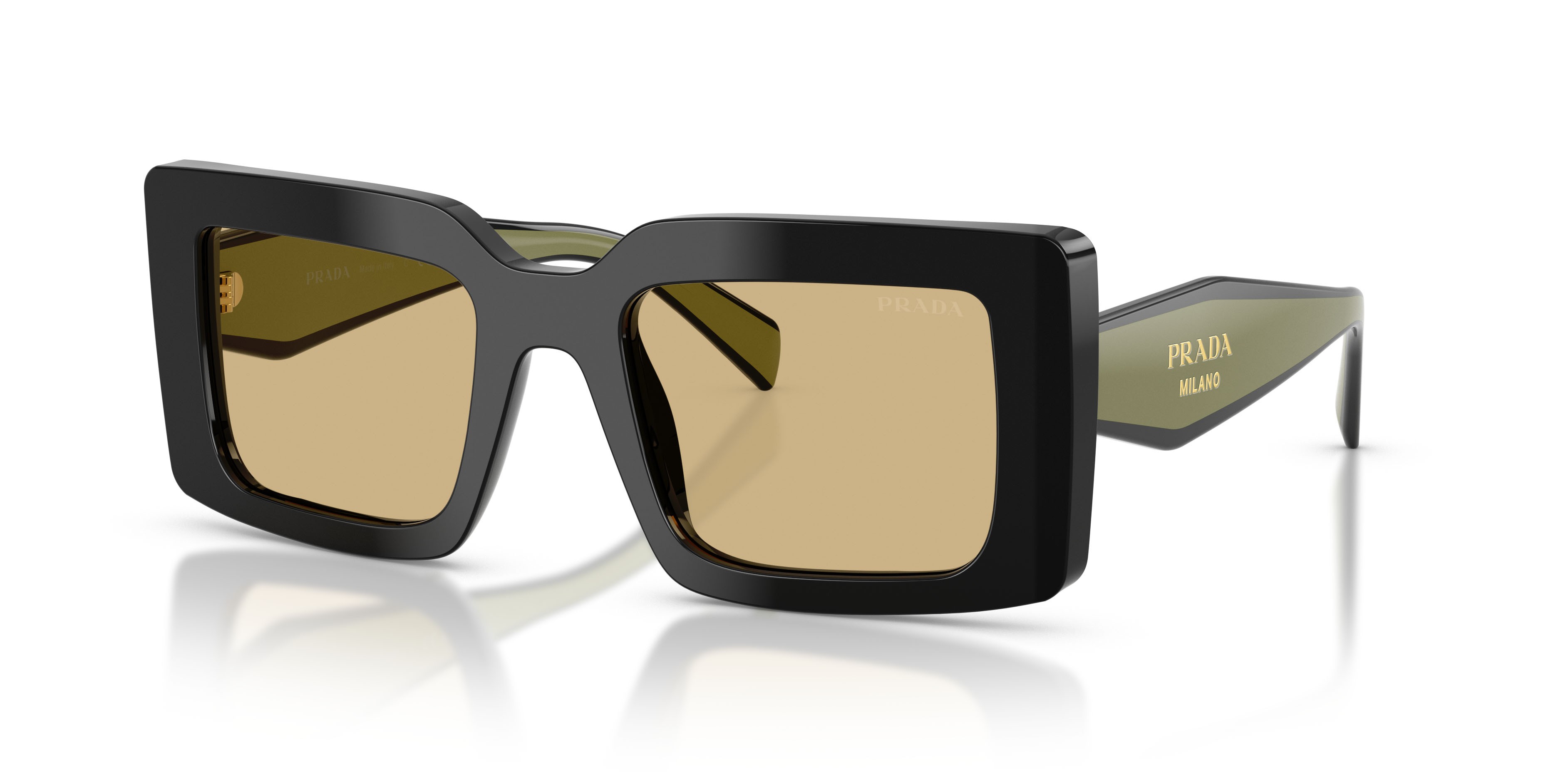Sunglasses Prada PR D01S (03K10R) color nero shape rectangle lenses giallo