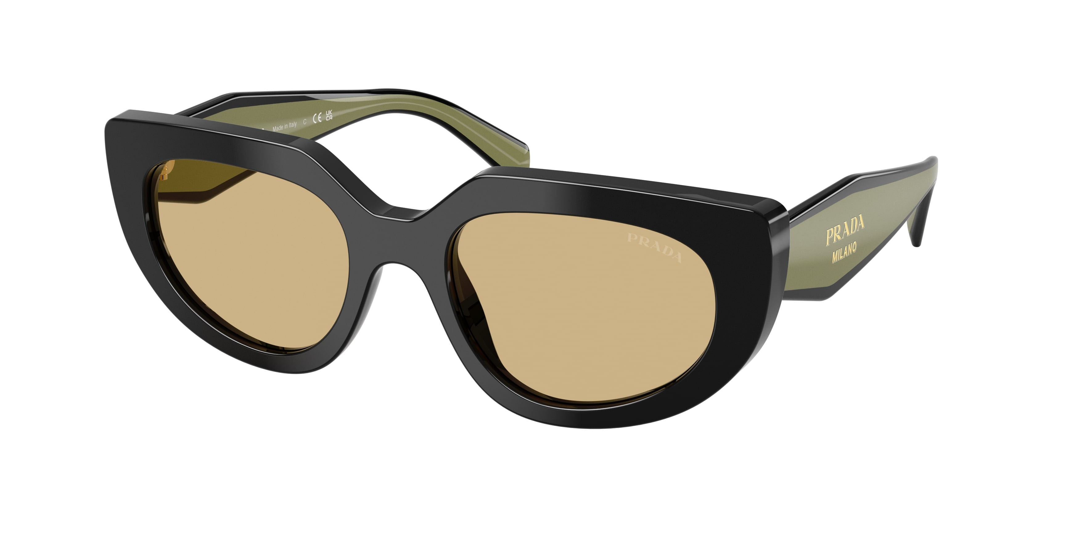 Sunglasses Prada PR D02S (03K10R) color nero shape oval lenses giallo