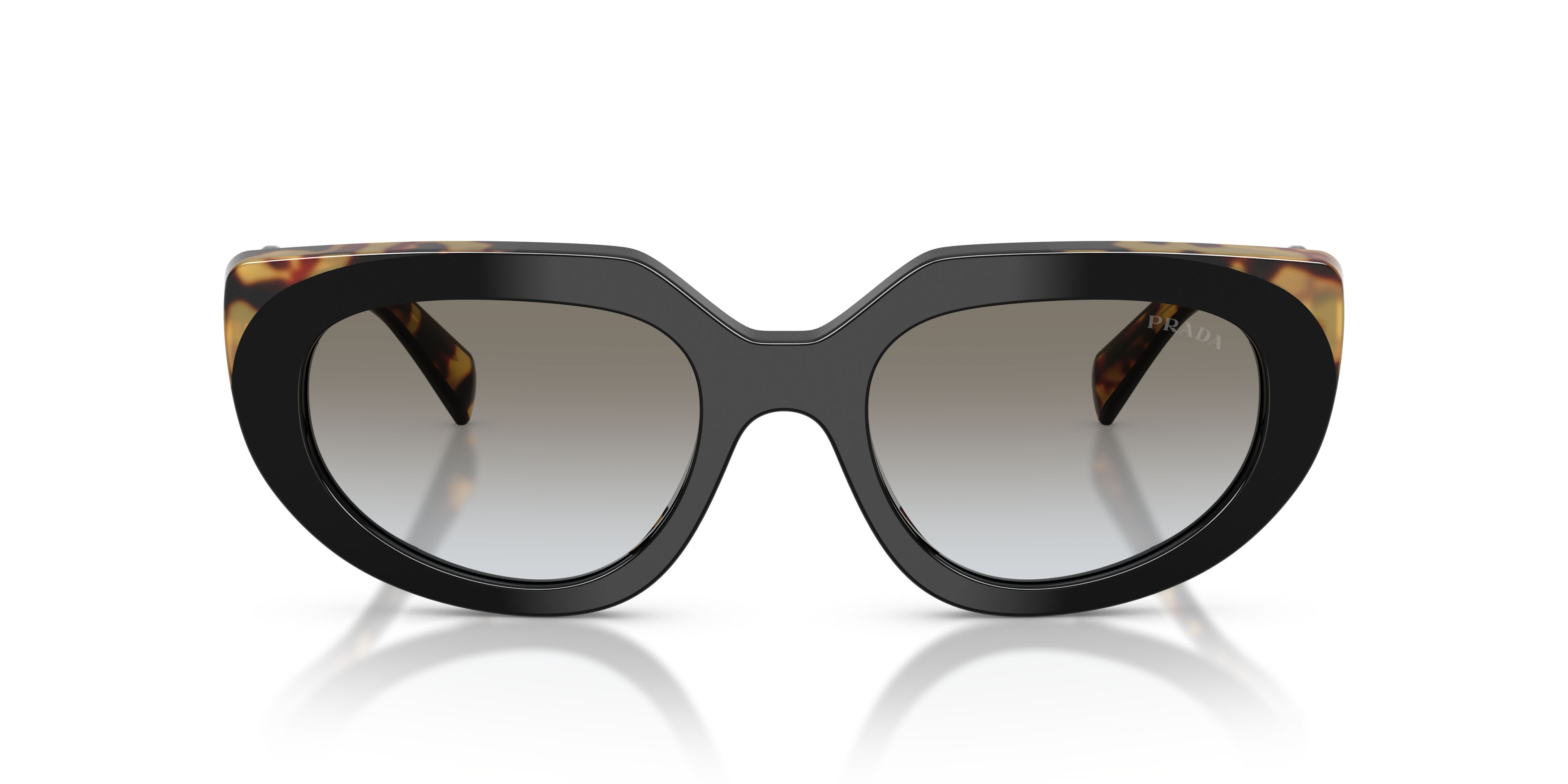 Sunglasses Prada PR D02S (0CD80L) color nero/tartarugato medio shape oval lenses sfumato grigio