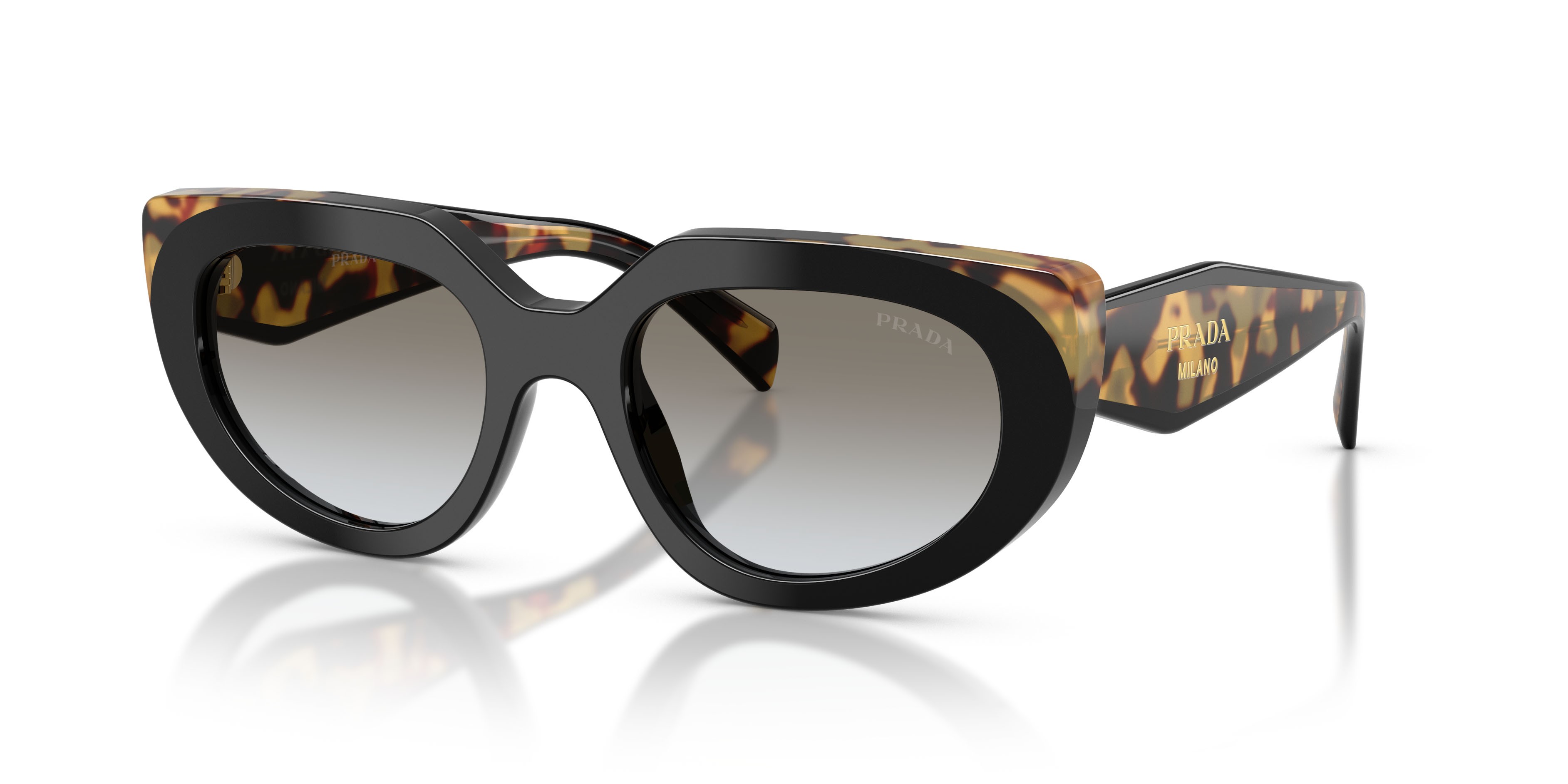 Sunglasses Prada PR D02S (0CD80L) color nero/tartarugato medio shape oval lenses sfumato grigio