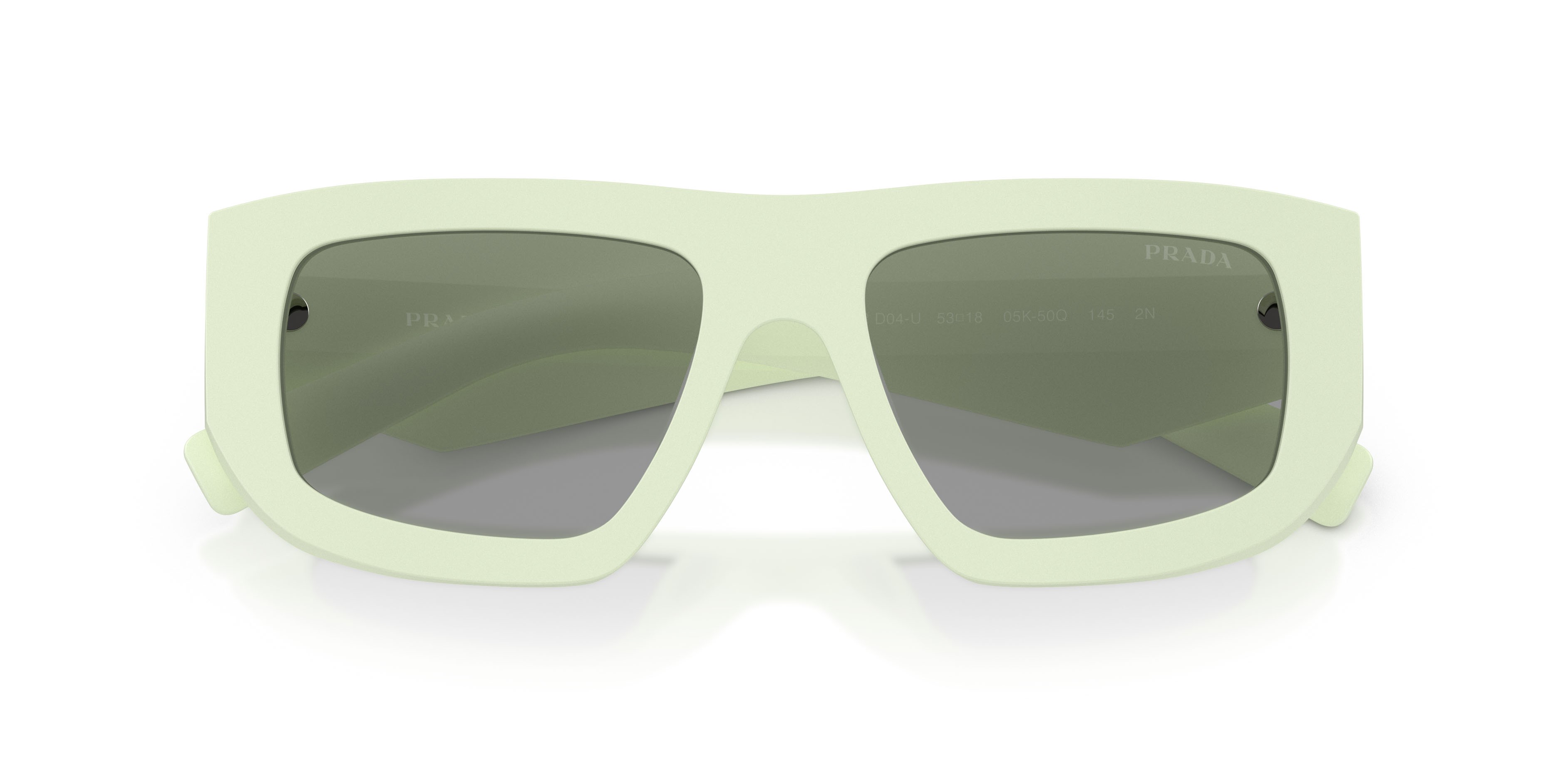 Sunglasses Prada PR D04SU (05K50Q) color verde menta opaco shape irregular lenses grigio