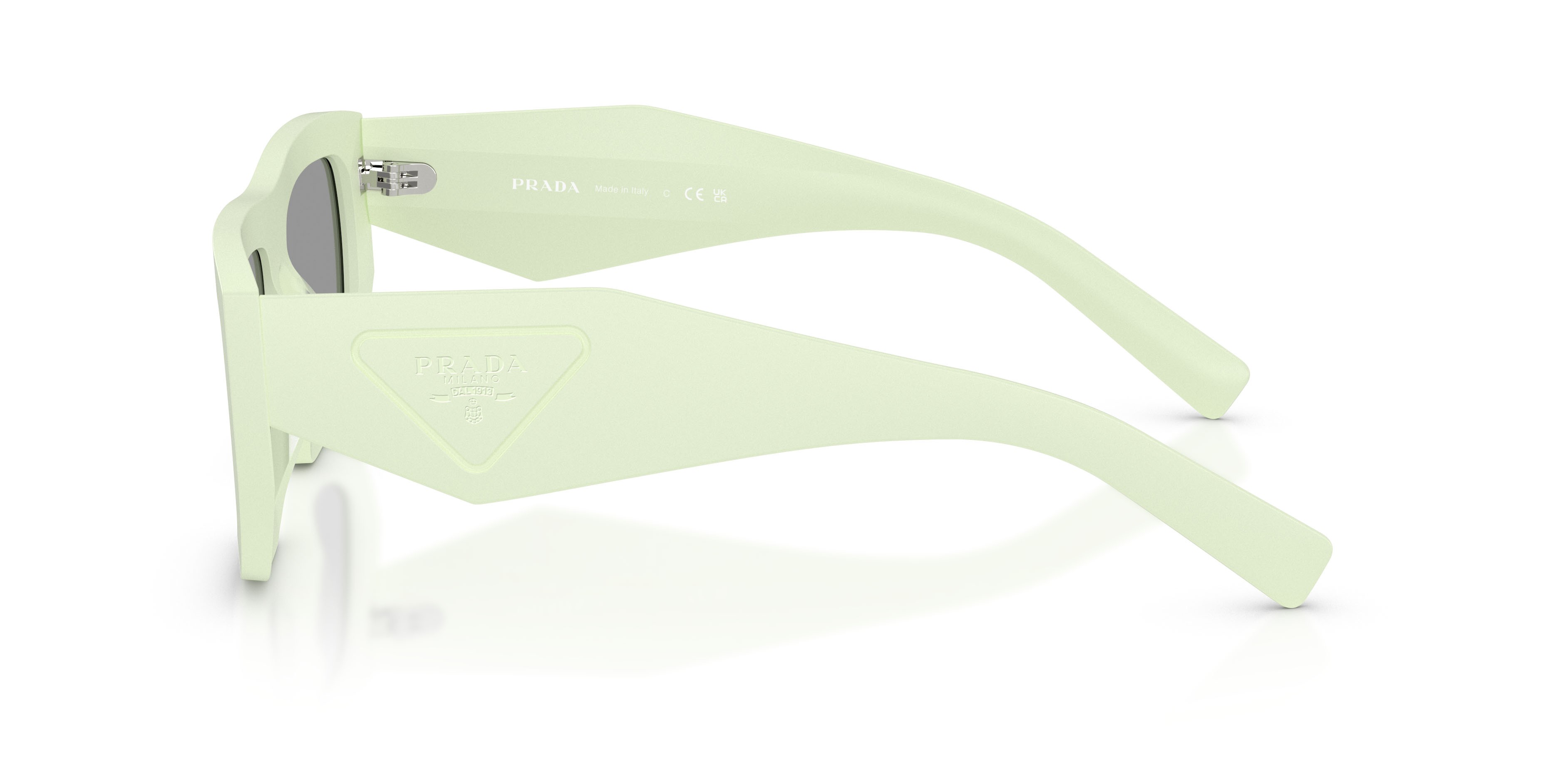 Sunglasses Prada PR D04SU (05K50Q) color verde menta opaco shape irregular lenses grigio