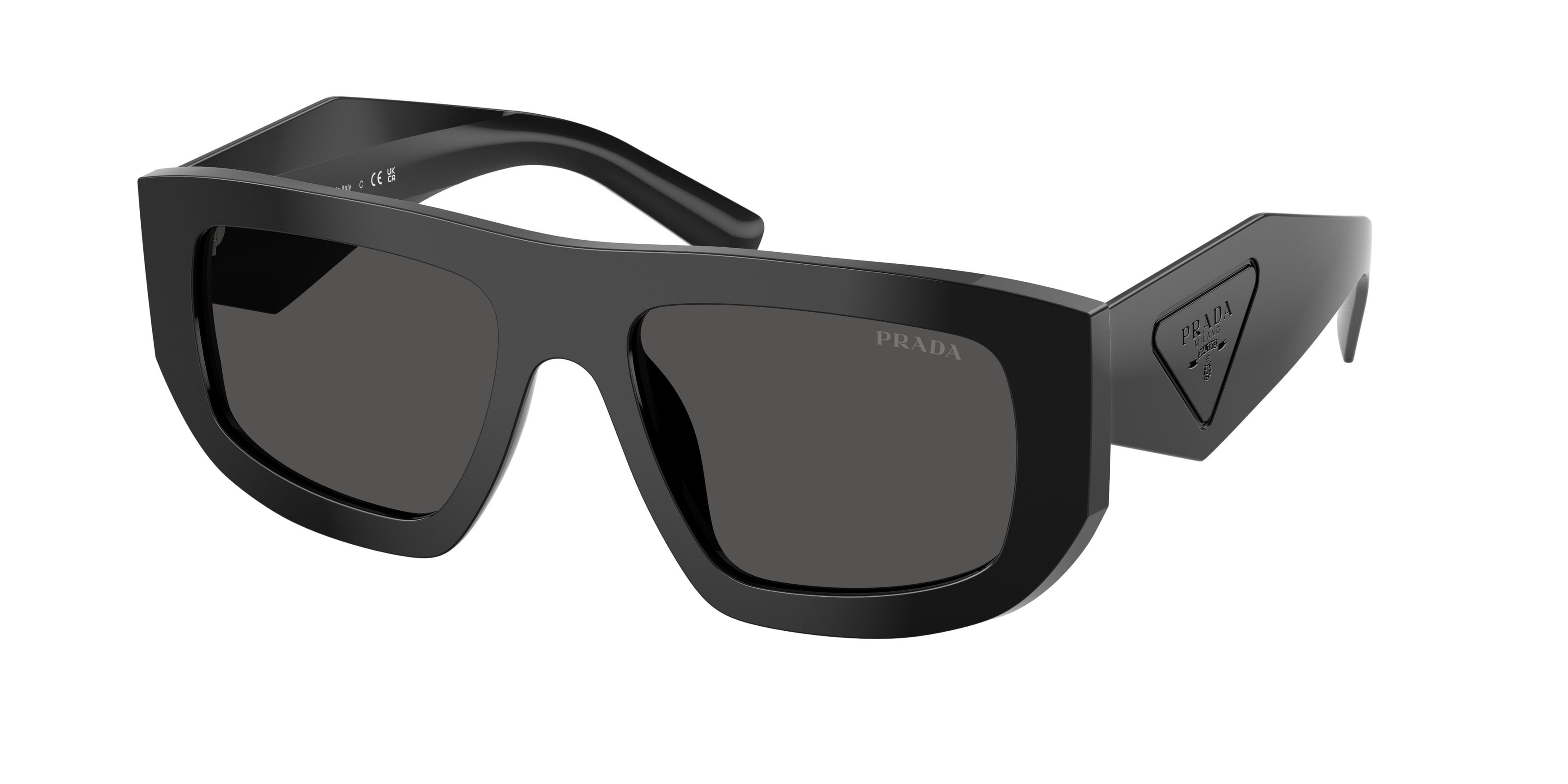 Sunglasses Prada PR D04SU (16K08Z) color nero shape irregular lenses grigio scuro