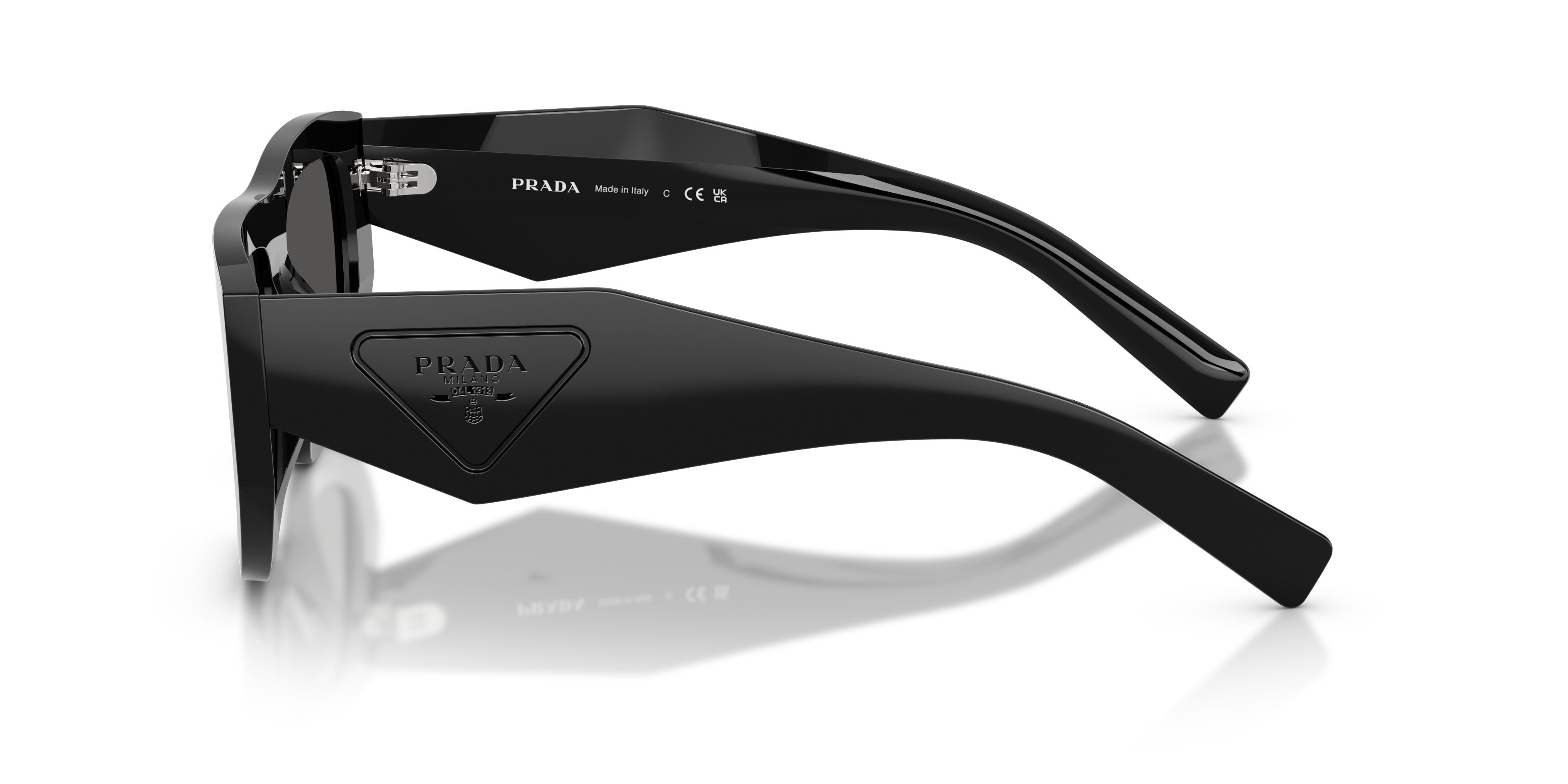 Sunglasses Prada PR D04SU (16K08Z) color nero shape irregular lenses grigio scuro