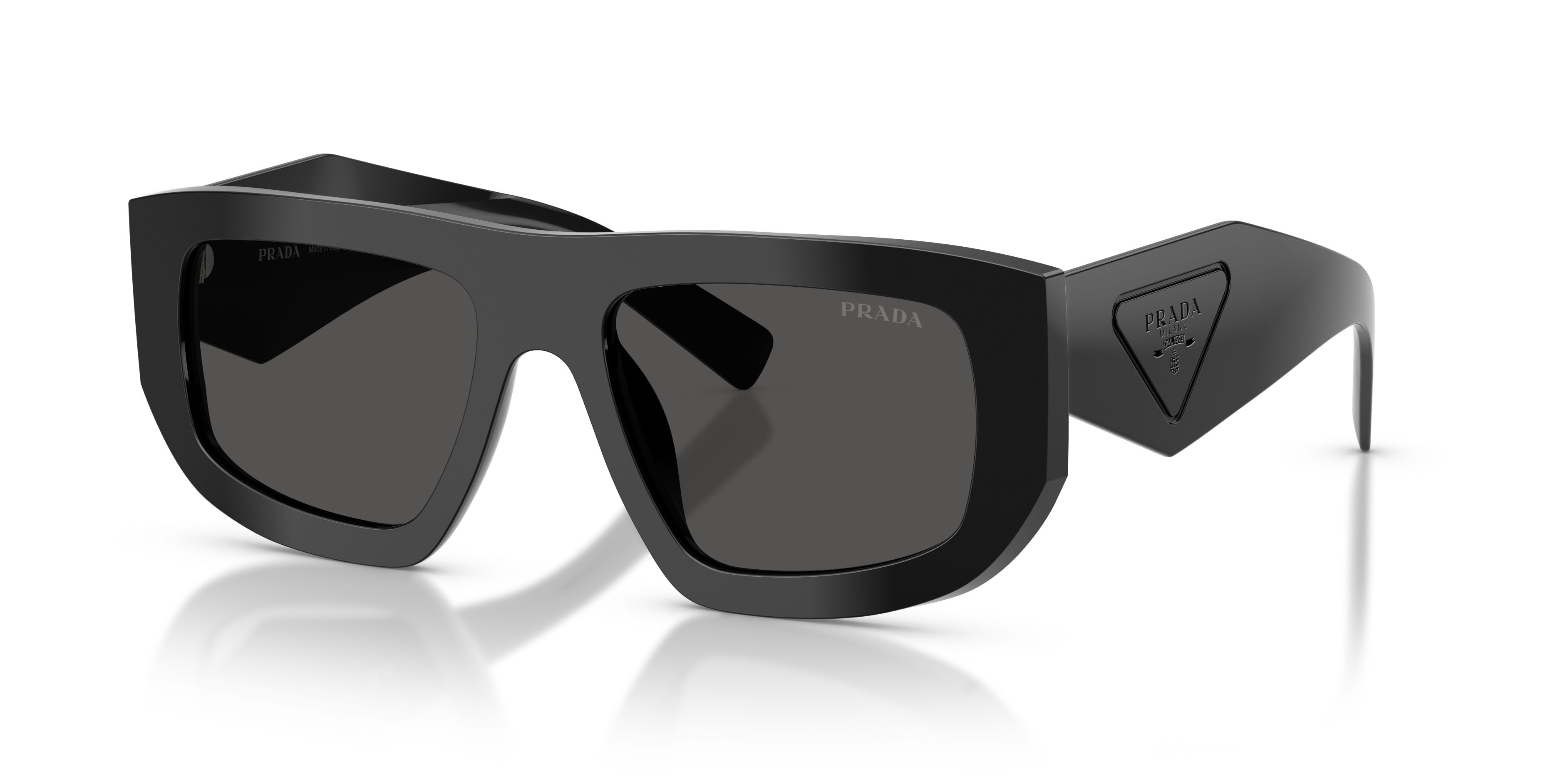 Sunglasses Prada PR D04SU (16K08Z) color nero shape irregular lenses grigio scuro