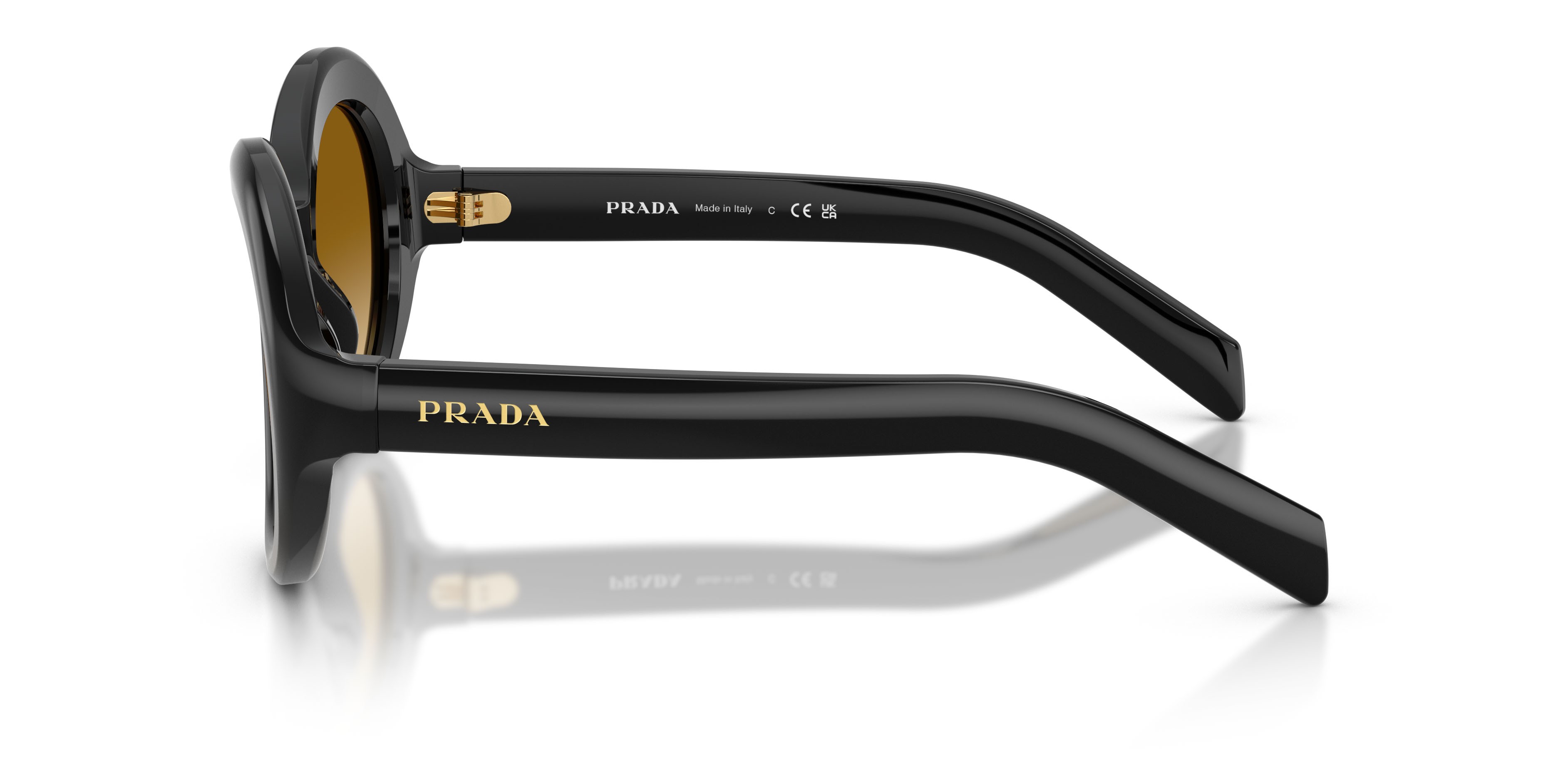 Sunglasses Prada PR D08SU (16K10X) color nero shape round lenses giallo sfumato marrone chiaro