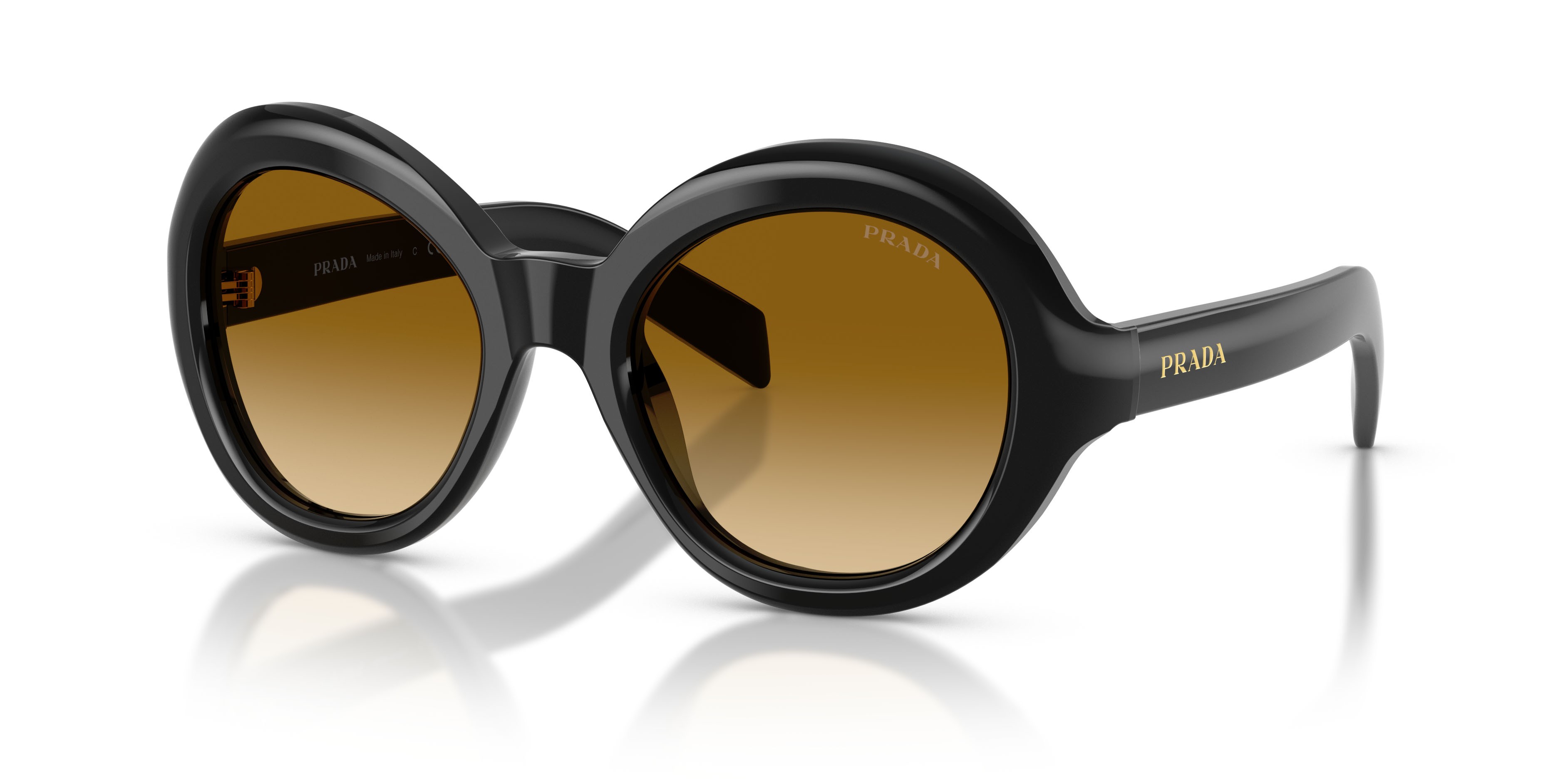 Sunglasses Prada PR D08SU (16K10X) color nero shape round lenses giallo sfumato marrone chiaro