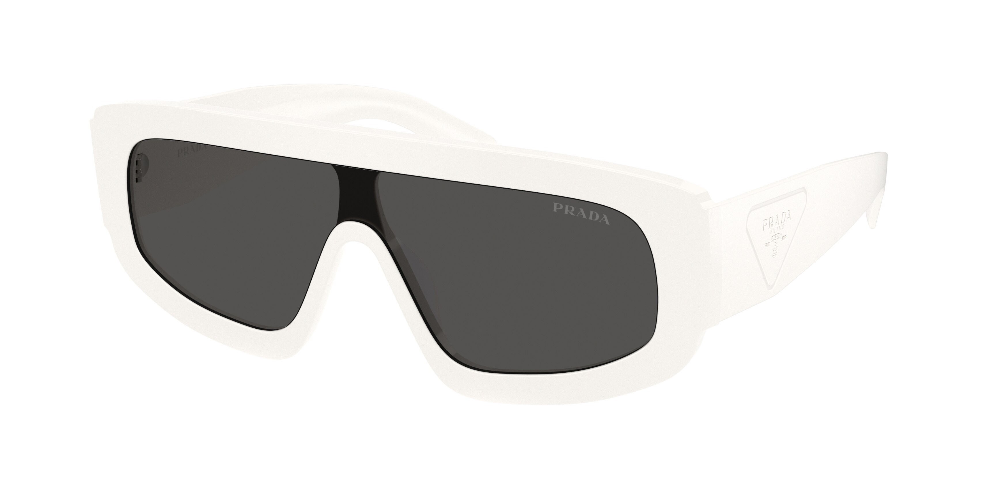 Occhiali da sole Prada PR D10S (17K08Z) colore bianco talco forma irregolare lenti grigio scuro