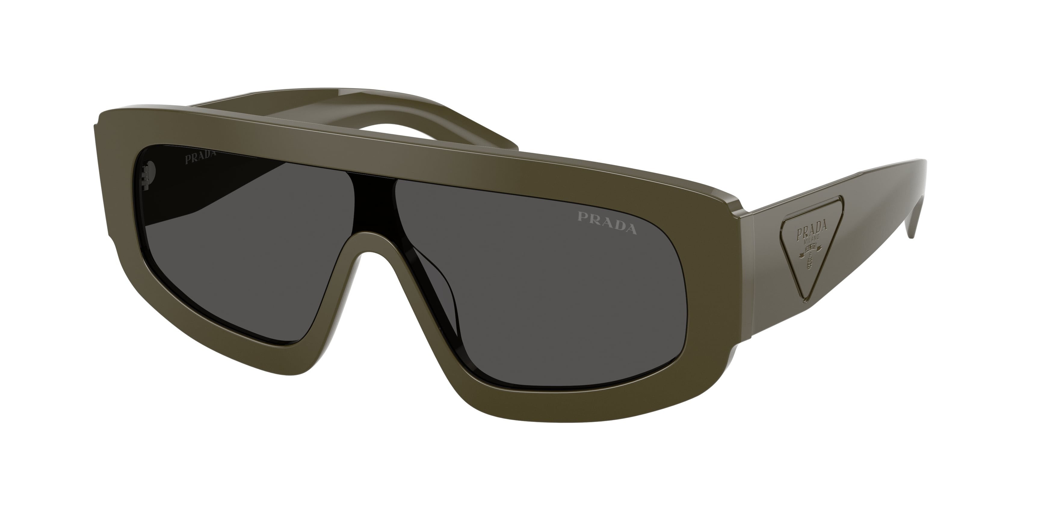 Occhiali da sole Prada PR D10S (26J70G) colore laurel forma irregolare lenti verde oliva