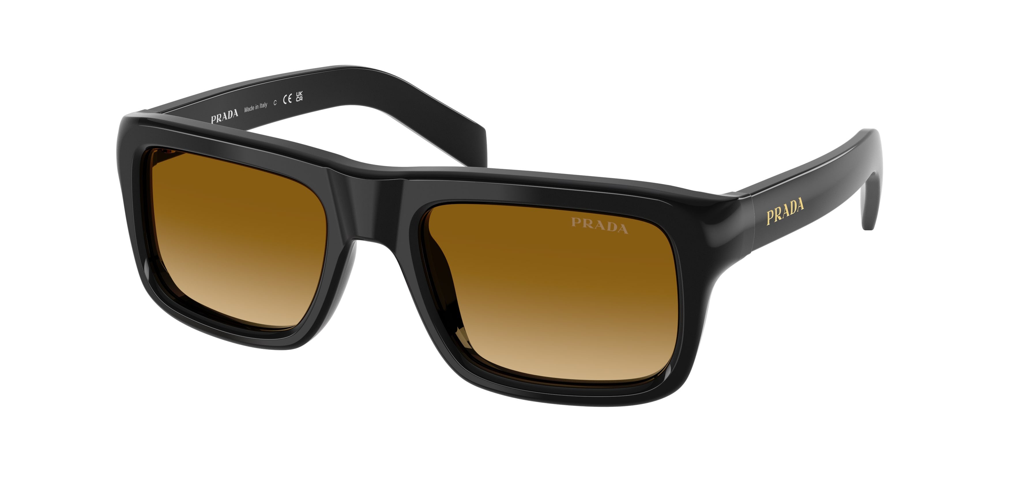 Sunglasses Prada PR D11S (16K10X) color nero shape rectangle lenses giallo sfumato marrone chiaro