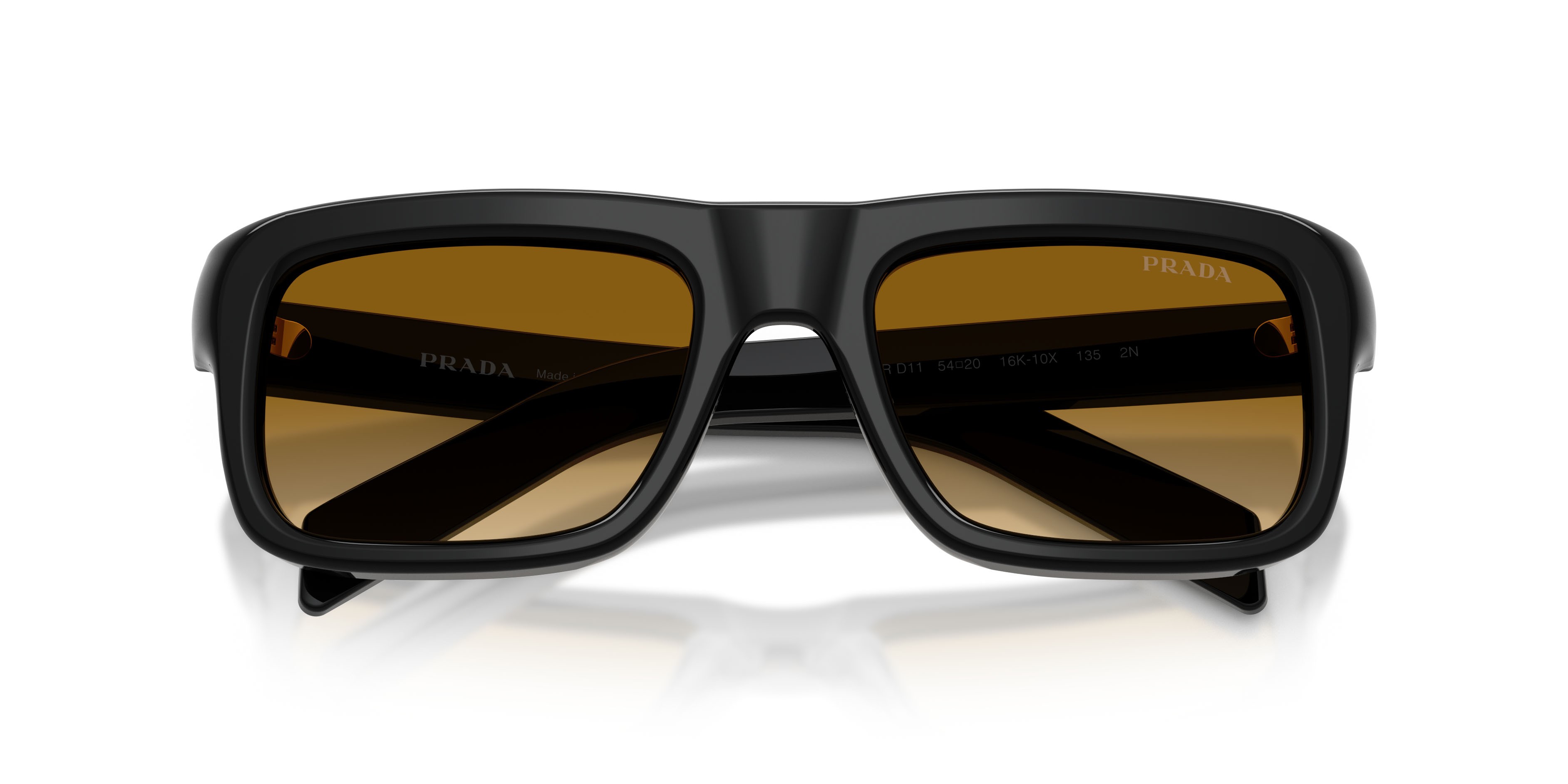 Sunglasses Prada PR D11S (16K10X) color nero shape rectangle lenses giallo sfumato marrone chiaro