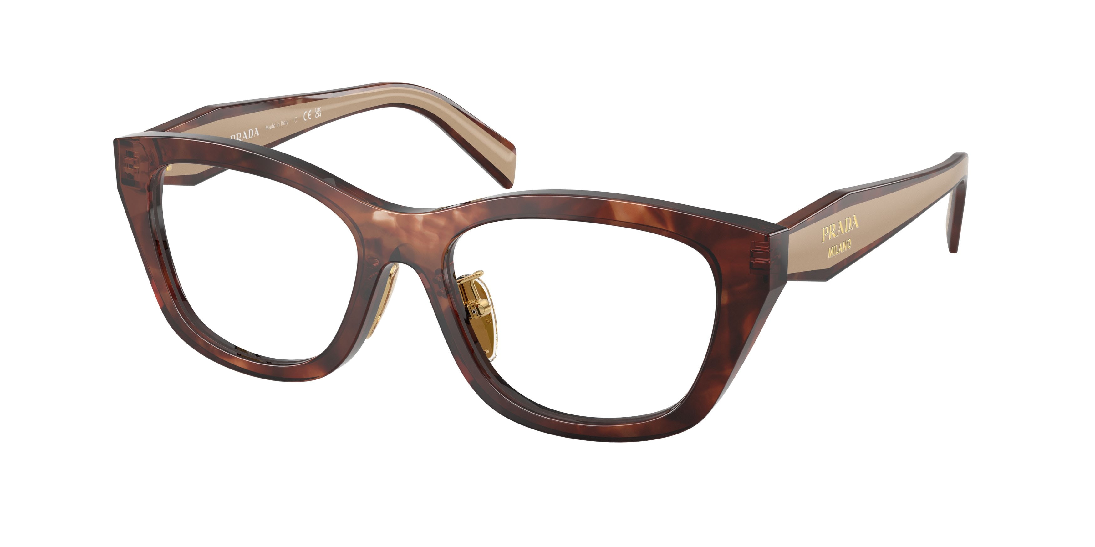 Eyeglasses Prada PR D11VD (00K1O1) color havana caramello shape irregular lenses lente demo