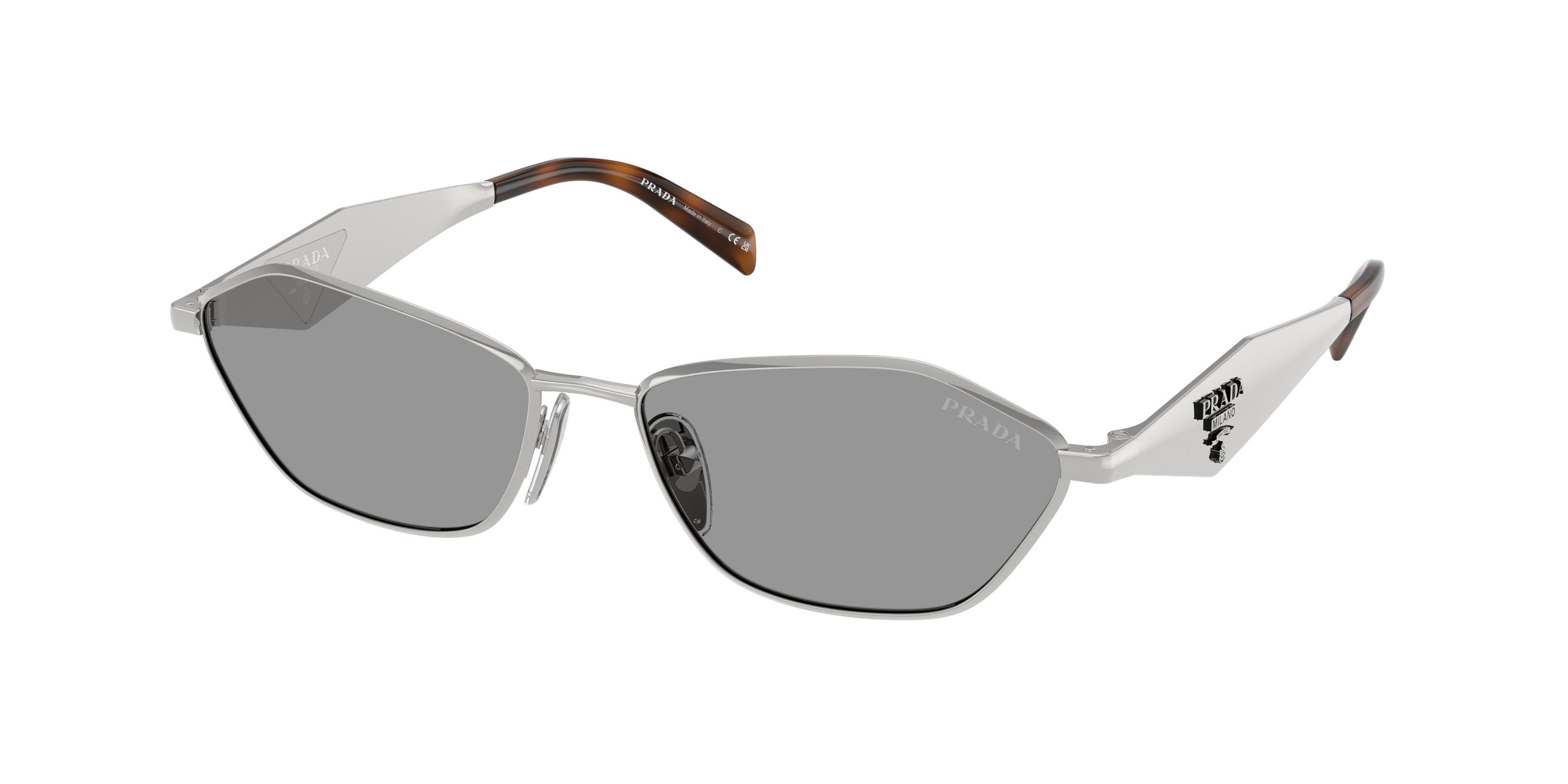 Sunglasses Prada PR D50S (1BC50Q) color argento shape irregular lenses grigio
