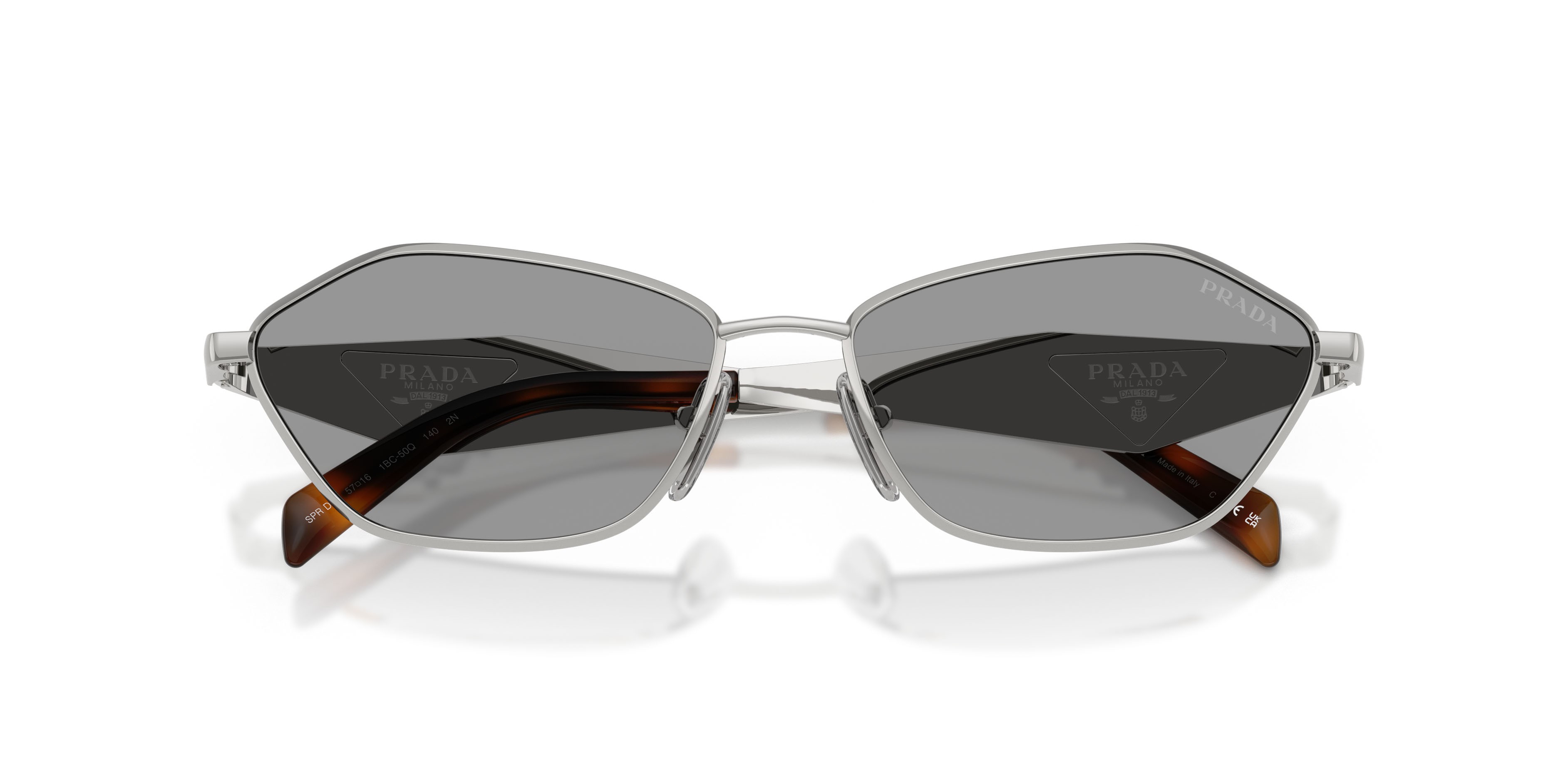 Sunglasses Prada PR D50S (1BC50Q) color argento shape irregular lenses grigio