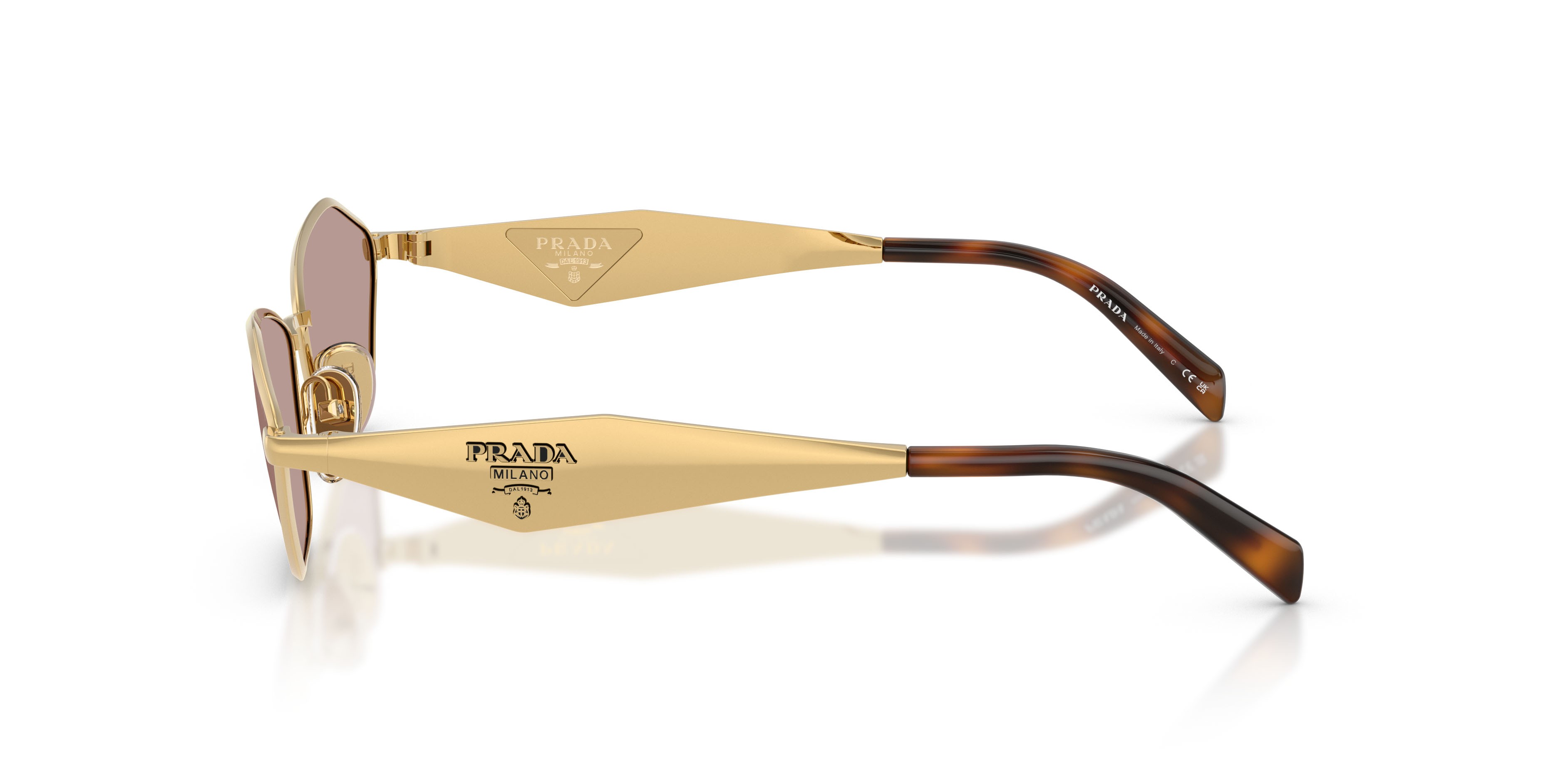 Sunglasses Prada PR D50S (5AK20I) color oro shape irregular lenses viola chiaro/marrone