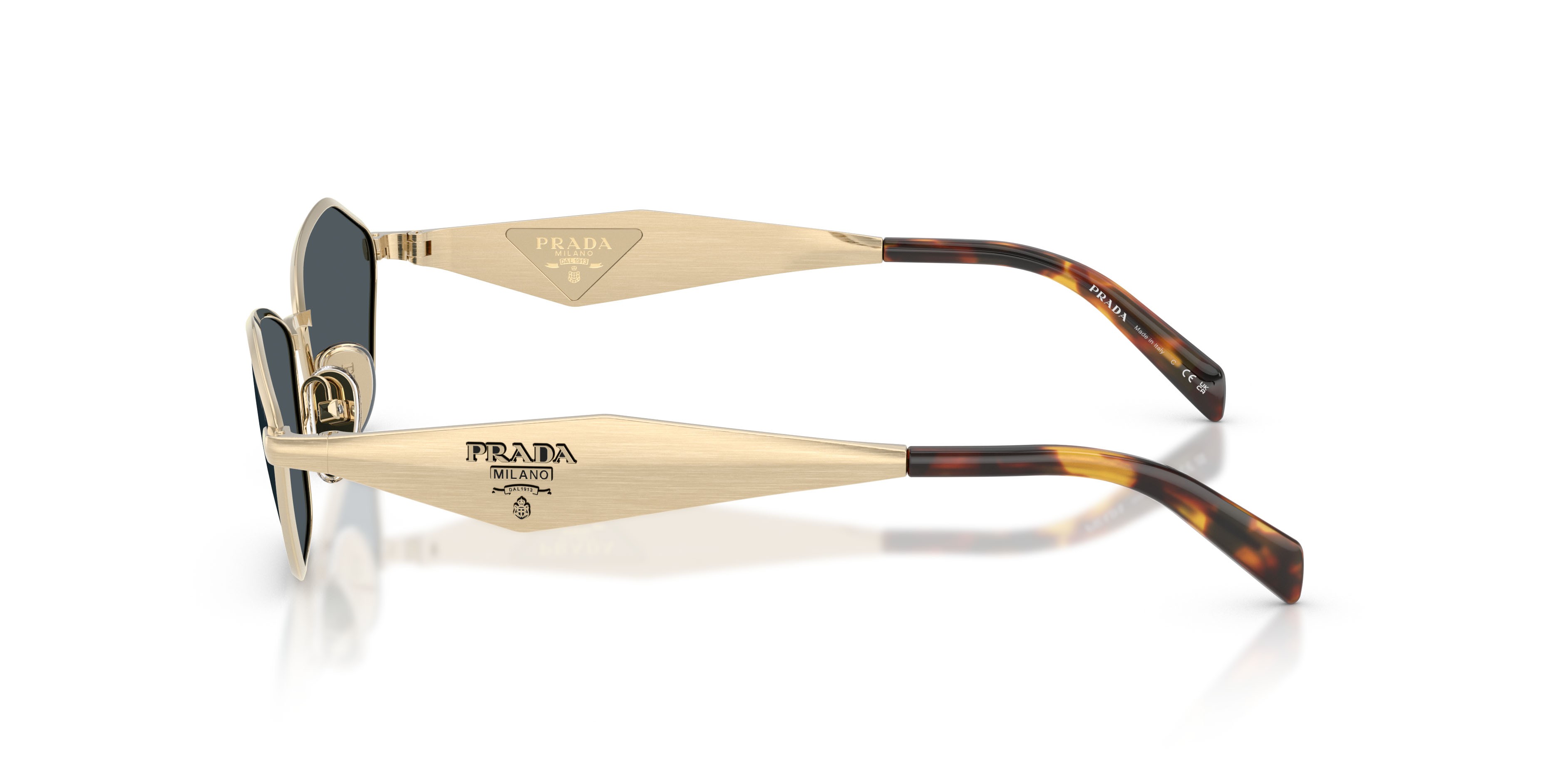 Sunglasses Prada PR D50S (ZVN70B) color oro pallido shape irregular lenses grigio scuro