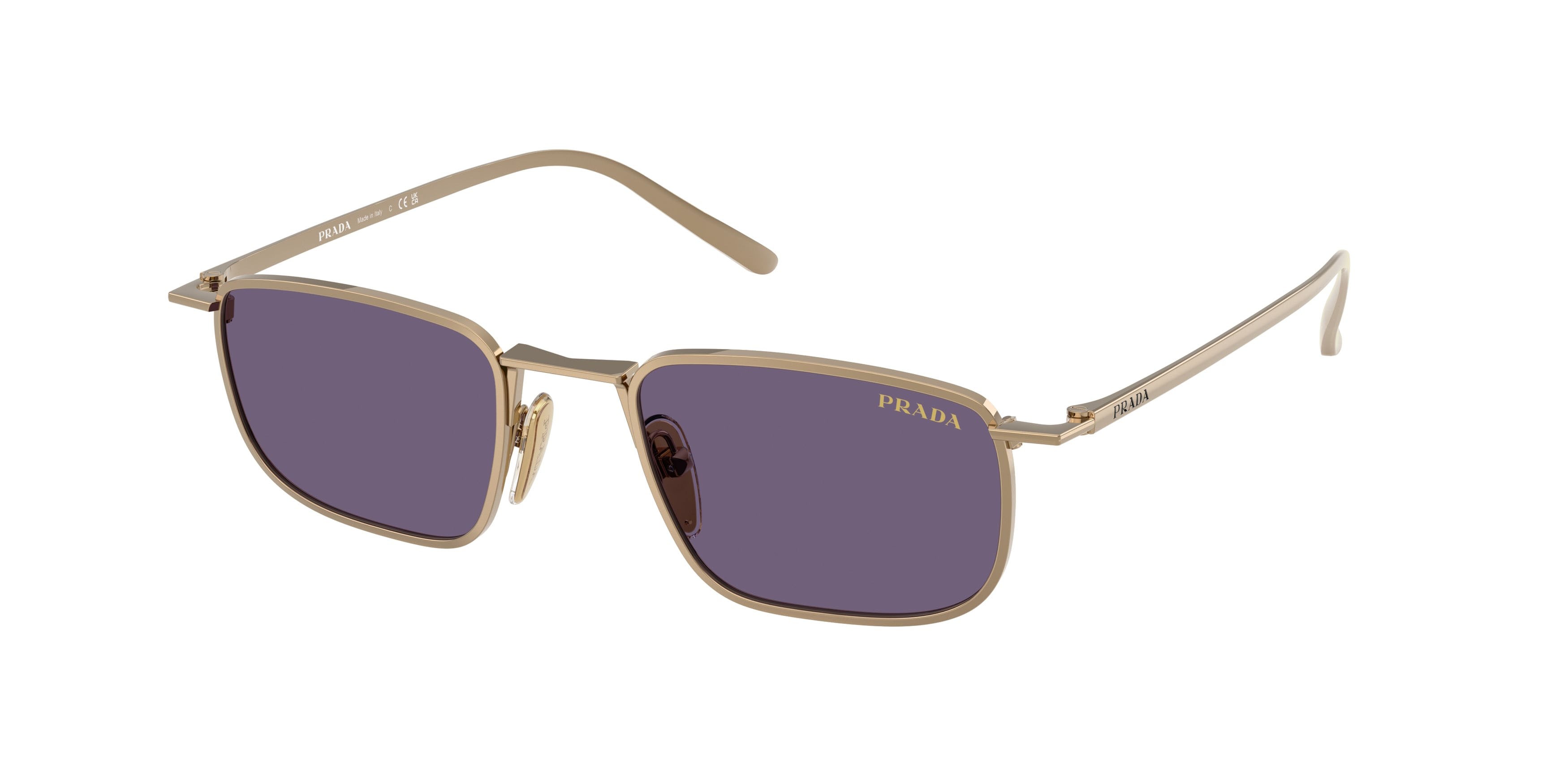 Occhiali da sole Prada PR D52S (7OE70W) colore ottone forma quadrato lenti viola