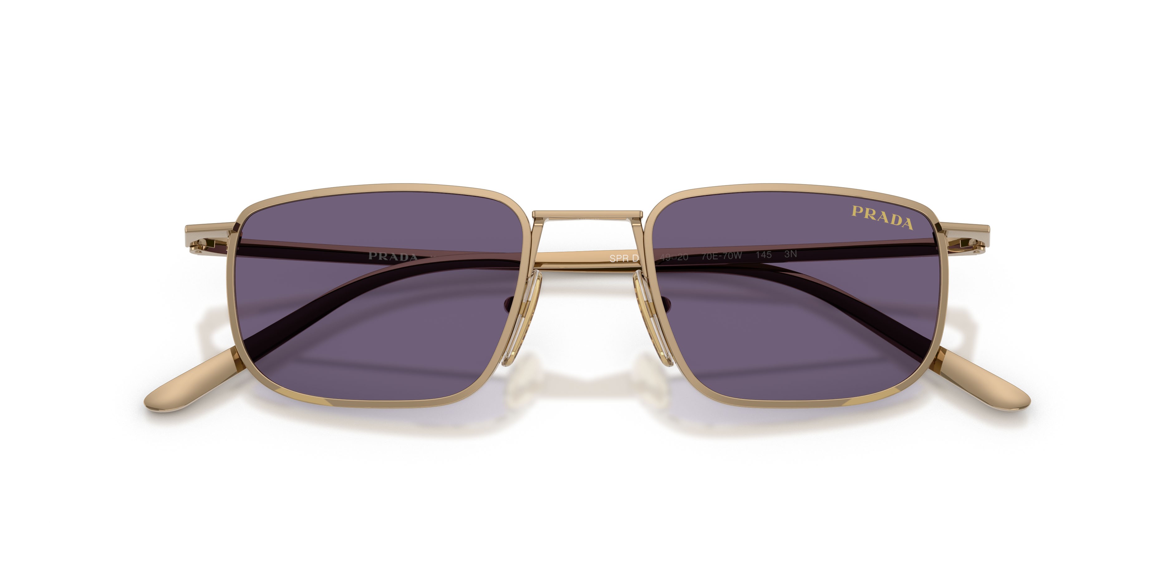 Occhiali da sole Prada PR D52S (7OE70W) colore ottone forma quadrato lenti viola