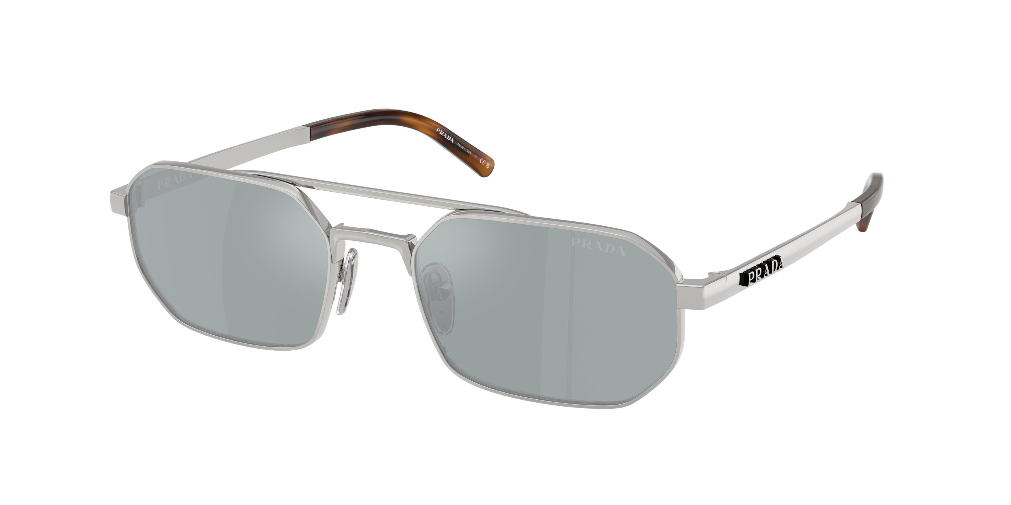 Occhiali da sole Prada PR D53S (1BC40X) colore argento forma irregolare lenti blu specchiato argento