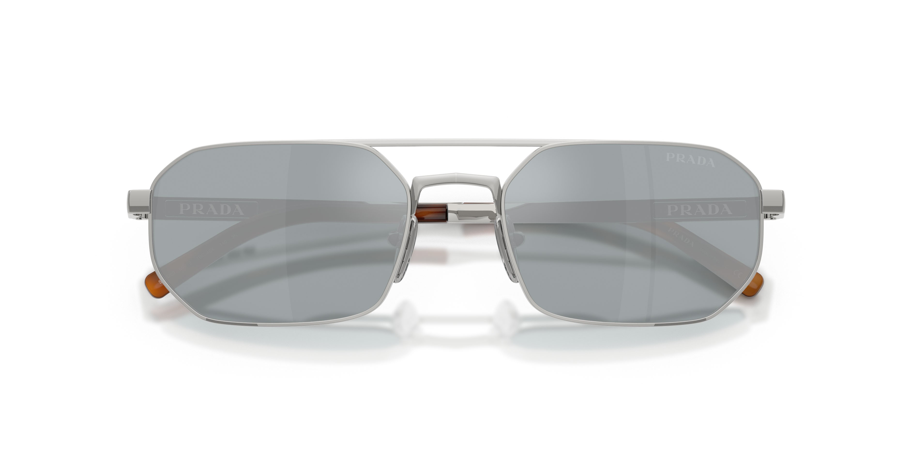 Occhiali da sole Prada PR D53S (1BC40X) colore argento forma irregolare lenti blu specchiato argento