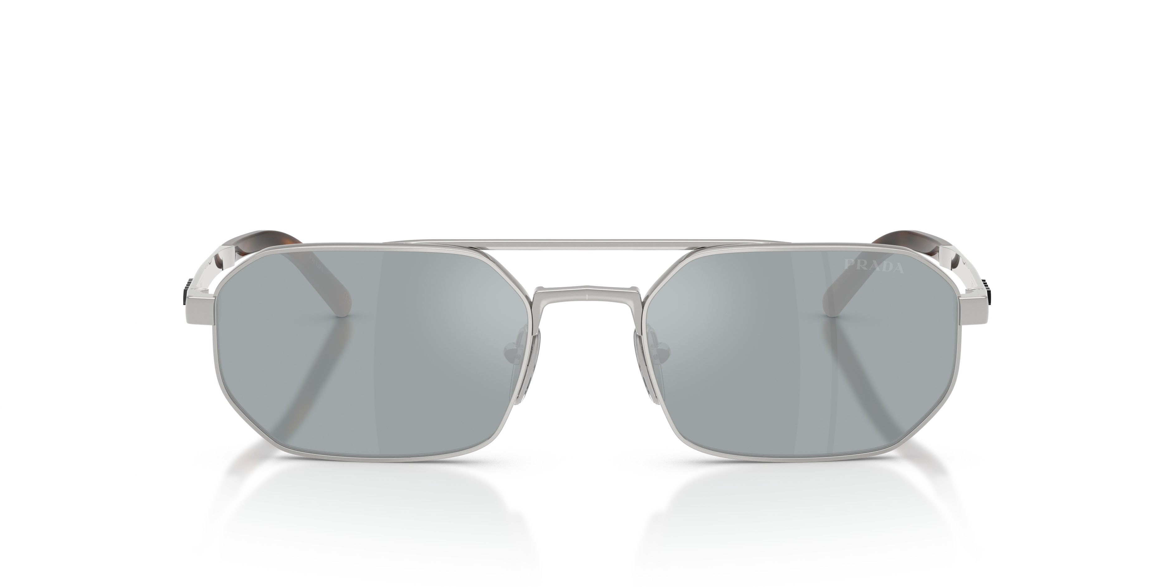 Occhiali da sole Prada PR D53S (1BC40X) colore argento forma irregolare lenti blu specchiato argento
