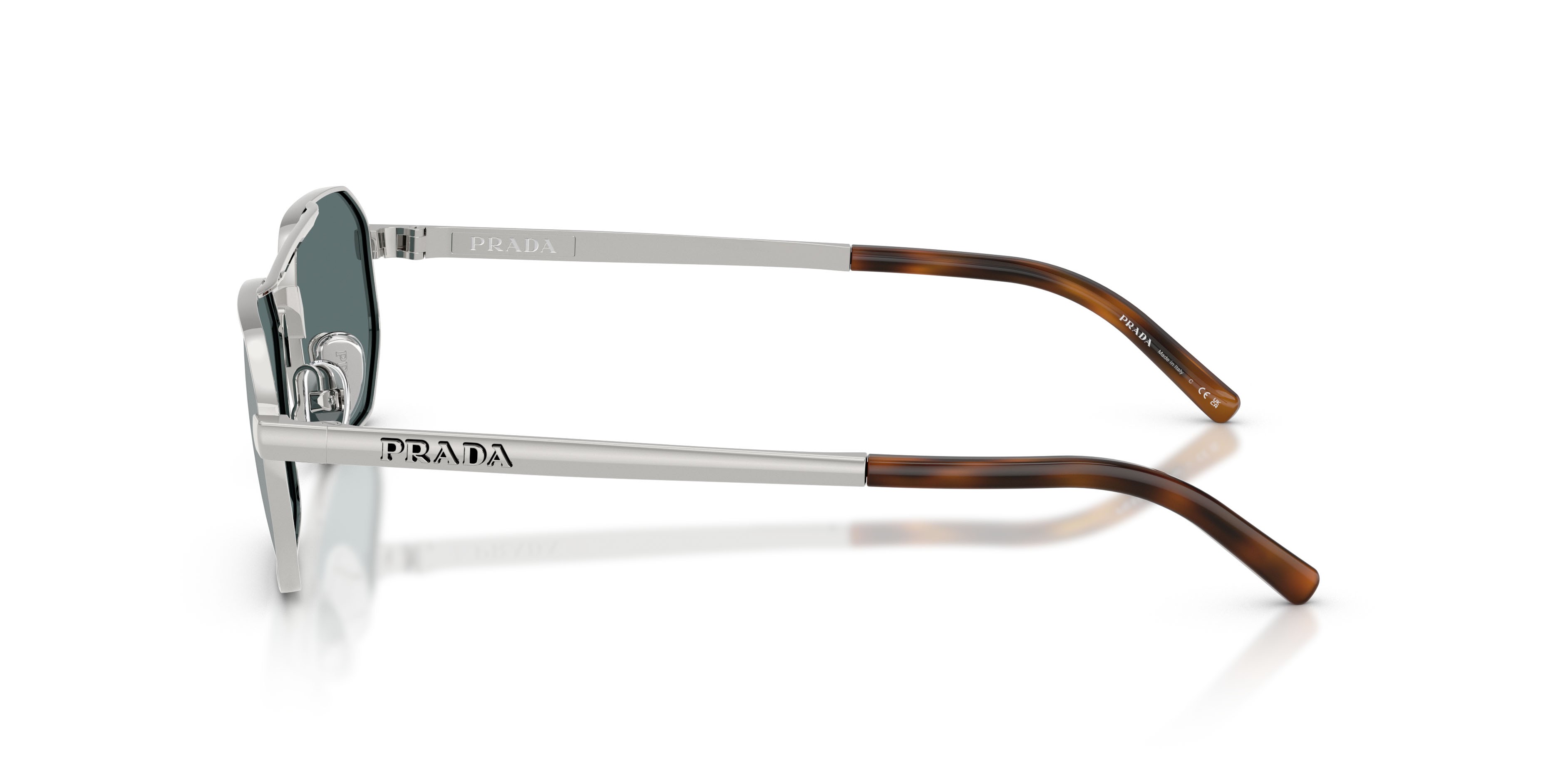 Occhiali da sole Prada PR D53S (1BC40X) colore argento forma irregolare lenti blu specchiato argento