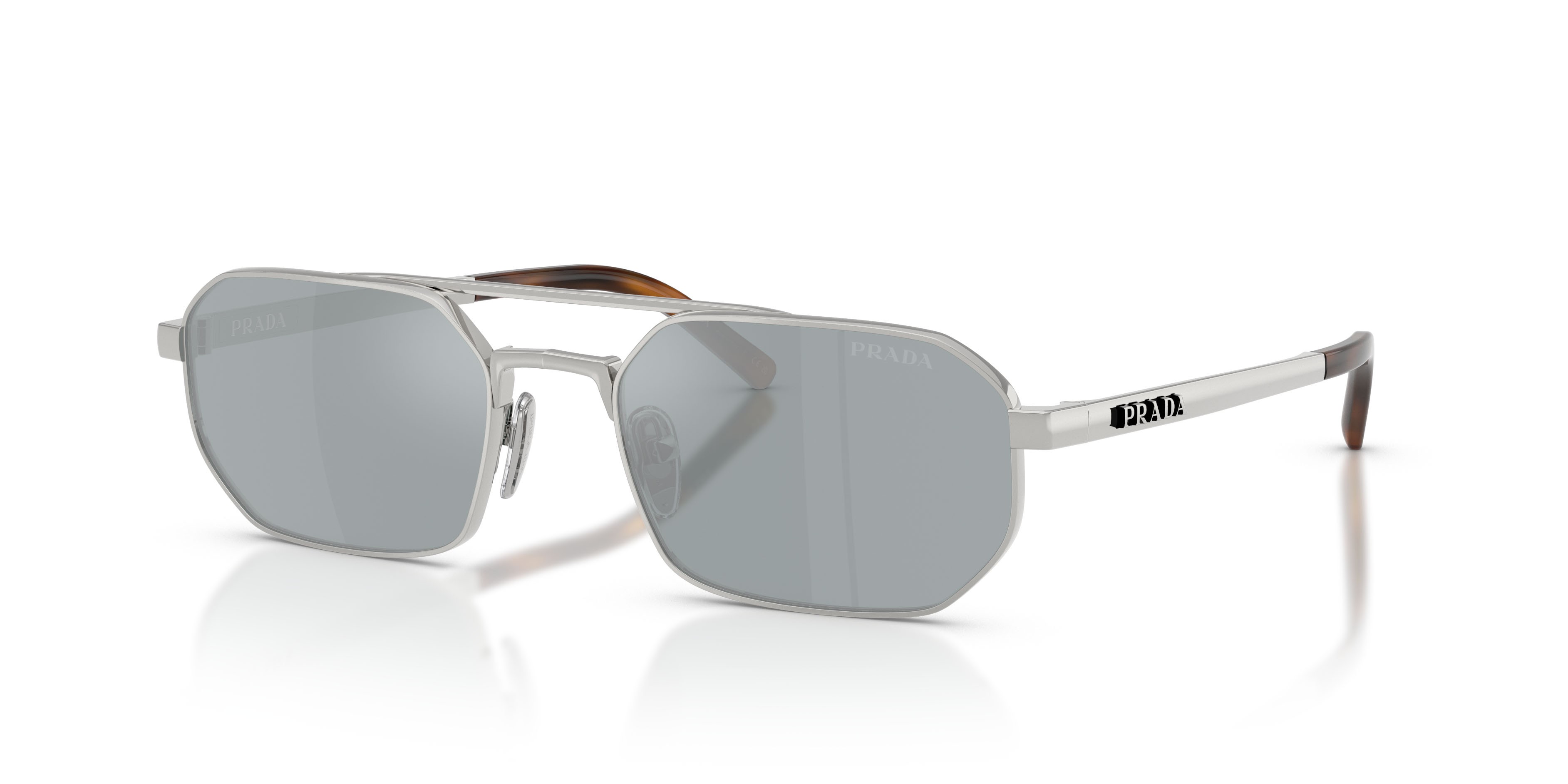 Occhiali da sole Prada PR D53S (1BC40X) colore argento forma irregolare lenti blu specchiato argento