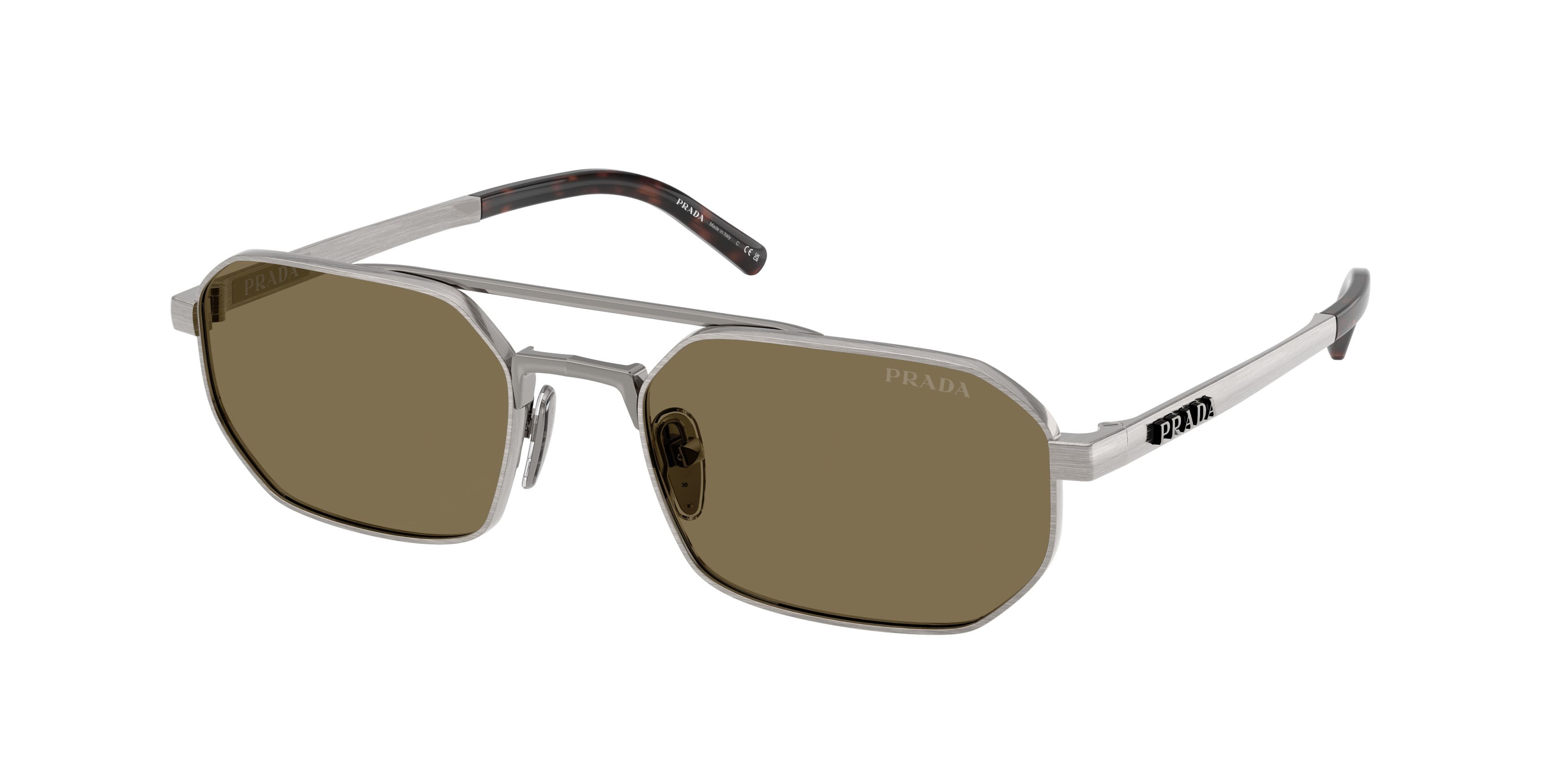 Occhiali da sole Prada PR D53S (23J90F) colore gunmetal satinato forma irregolare lenti marrone chiaro