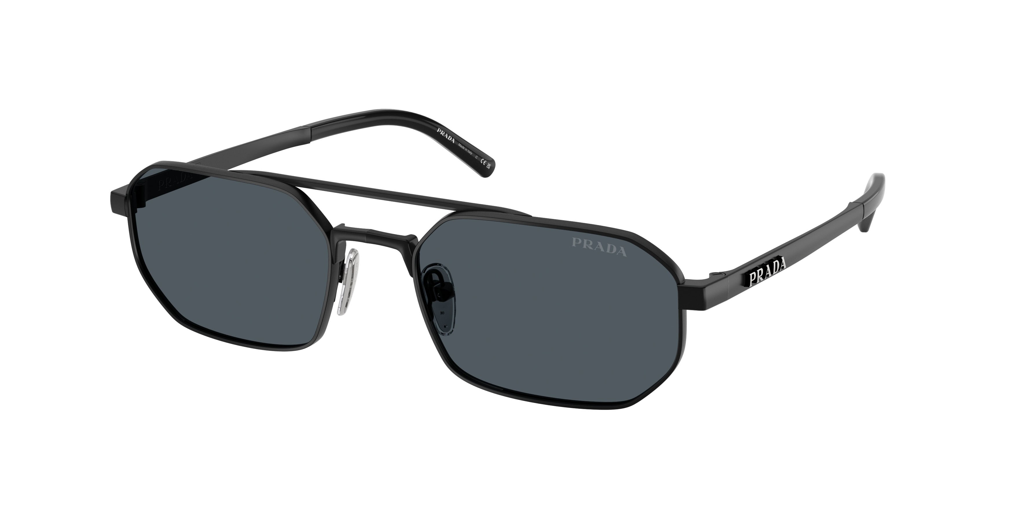 Occhiali da sole Prada PR D53S (7AB70B) colore nero satinato forma irregolare lenti grigio scuro