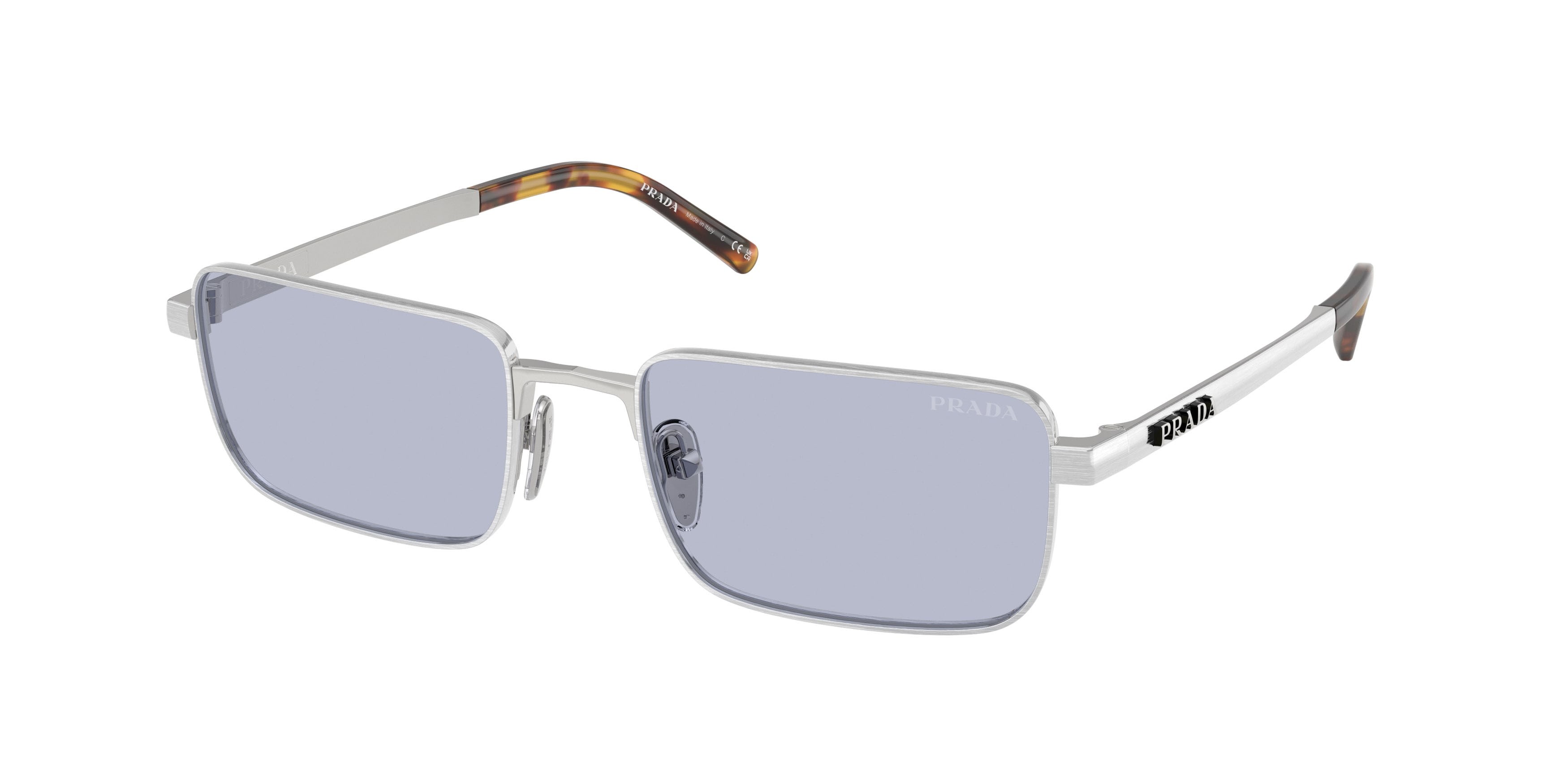 Occhiali da sole Prada PR D54S (04K30X) colore argento satinato forma rettangolare lenti ultravioletto