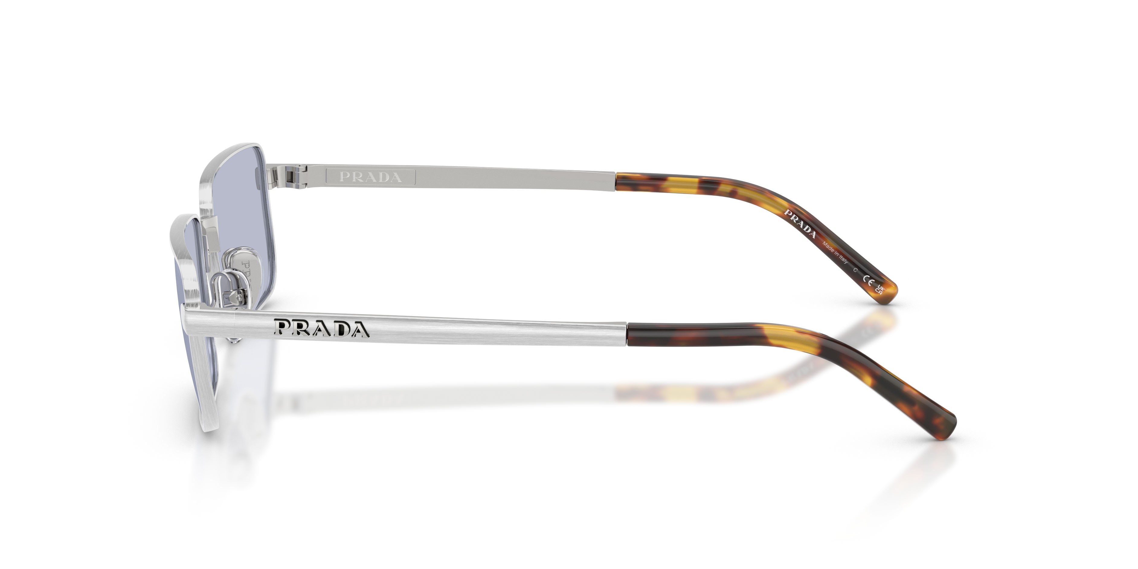 Occhiali da sole Prada PR D54S (04K30X) colore argento satinato forma rettangolare lenti ultravioletto