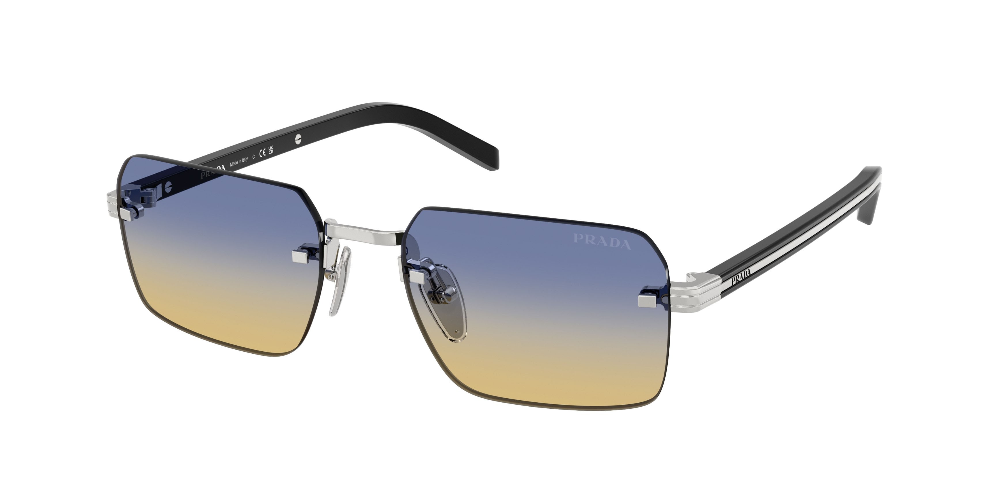 Occhiali da sole Prada PR D55S (1BC50E) colore argento forma rettangolare lenti yellow/dark blue