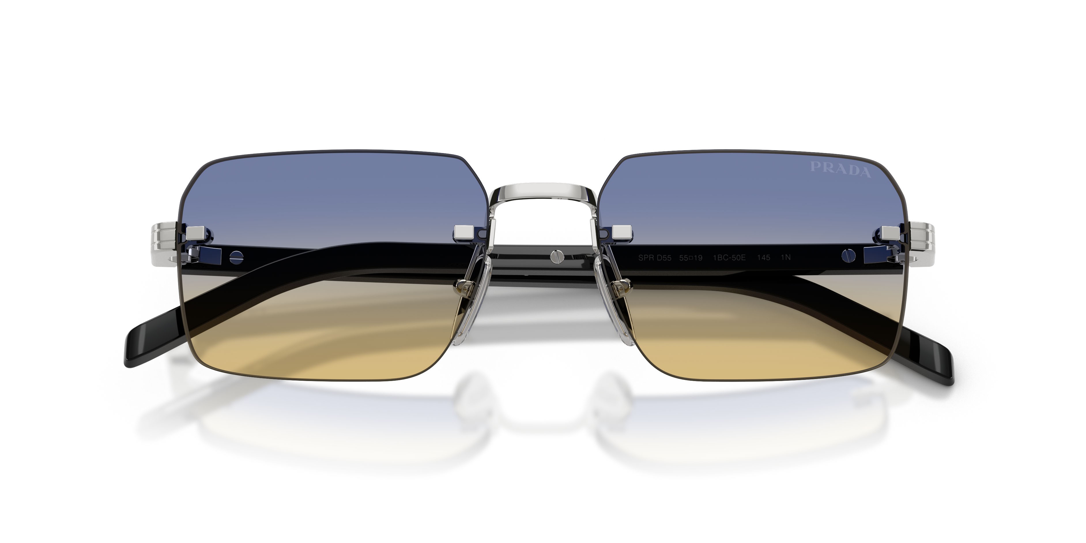 Occhiali da sole Prada PR D55S (1BC50E) colore argento forma rettangolare lenti yellow/dark blue
