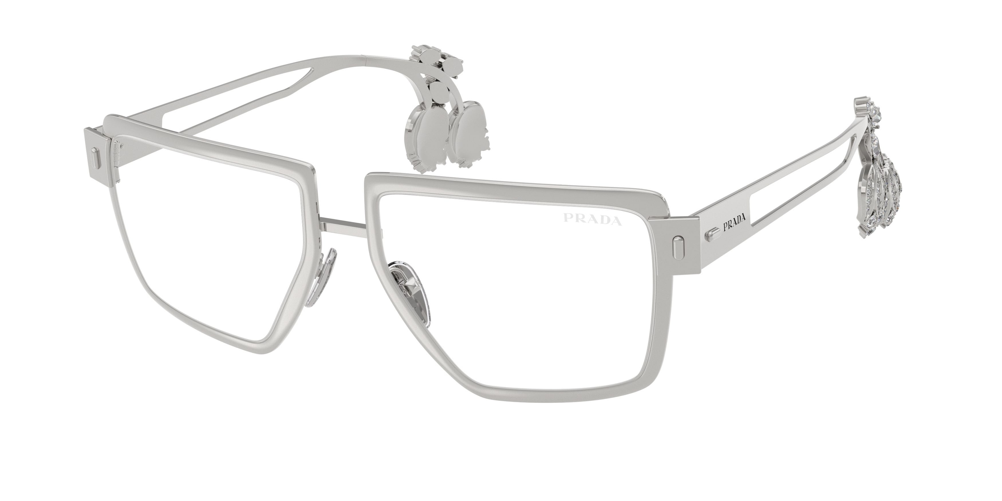 Sunglasses Prada PR D56S (1BC10W) color argento shape square lenses clear blue-violet light filter