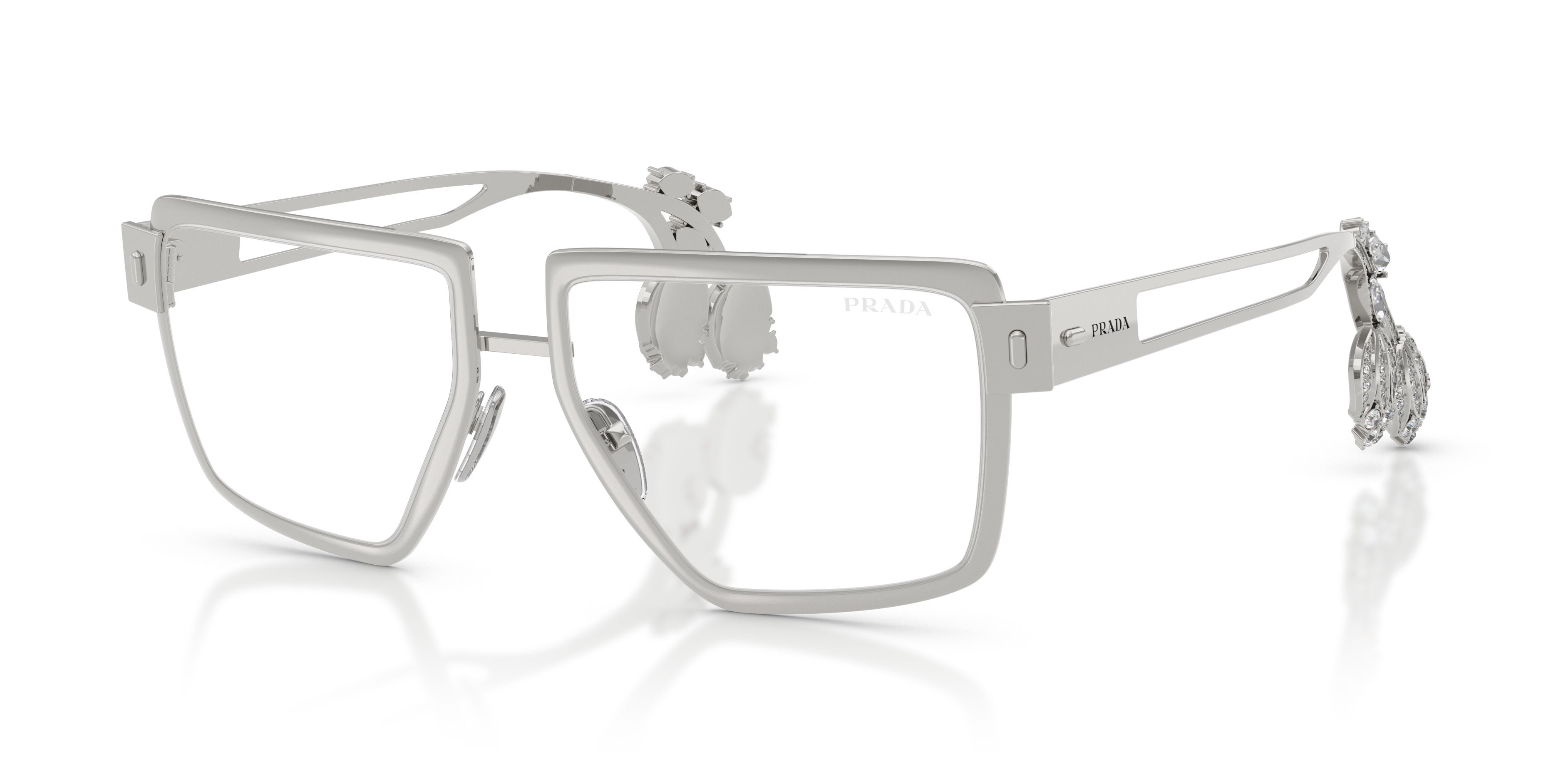 Sunglasses Prada PR D56S (1BC10W) color argento shape square lenses clear blue-violet light filter