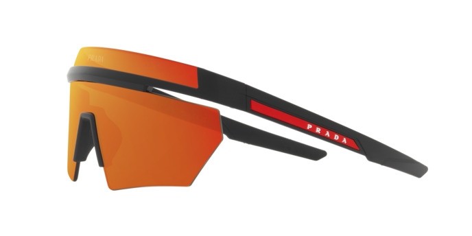 Sonnenbrillen Prada Linea Rossa PS 01YS (1BO02U) farbe nero opaco form unregelmäßig gläser marrone specchiato arancione