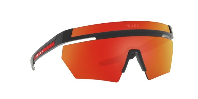 Sonnenbrillen Prada Linea Rossa PS 01YS (1BO02U) farbe nero opaco form unregelmäßig gläser marrone specchiato arancione