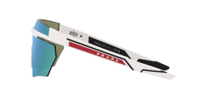Sonnenbrillen Prada Linea Rossa PS 01YS (AAI08R) farbe bianco opaco form unregelmäßig gläser verde chiaro specchiato blu