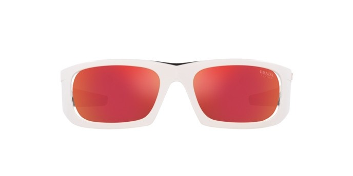 Occhiali da sole Prada Linea Rossa PS 02YS (AAI04U) colore bianco opaco/nero forma irregolare lenti orange multilayer tuning