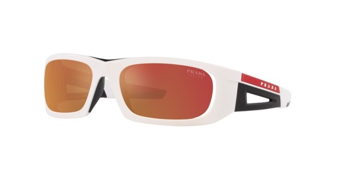 Occhiali da sole Prada Linea Rossa PS 02YS (AAI04U) colore bianco opaco/nero forma irregolare lenti orange multilayer tuning
