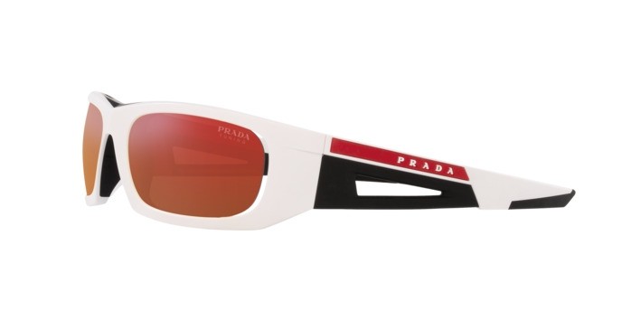 Occhiali da sole Prada Linea Rossa PS 02YS (AAI04U) colore bianco opaco/nero forma irregolare lenti orange multilayer tuning