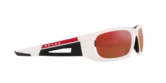 Occhiali da sole Prada Linea Rossa PS 02YS (AAI04U) colore bianco opaco/nero forma irregolare lenti orange multilayer tuning