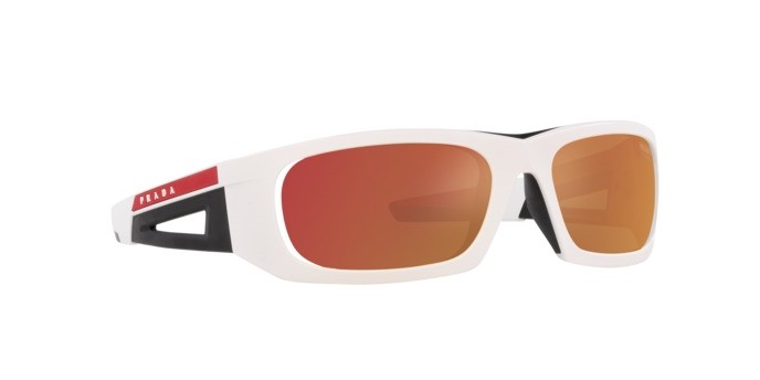 Occhiali da sole Prada Linea Rossa PS 02YS (AAI04U) colore bianco opaco/nero forma irregolare lenti orange multilayer tuning