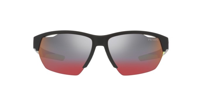 Sonnenbrillen Prada Linea Rossa PS 03YS (17G08F) farbe nero opaco form unregelmäßig gläser grigio scuro specchiato blu/rosso