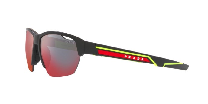 Sonnenbrillen Prada Linea Rossa PS 03YS (17G08F) farbe nero opaco form unregelmäßig gläser grigio scuro specchiato blu/rosso