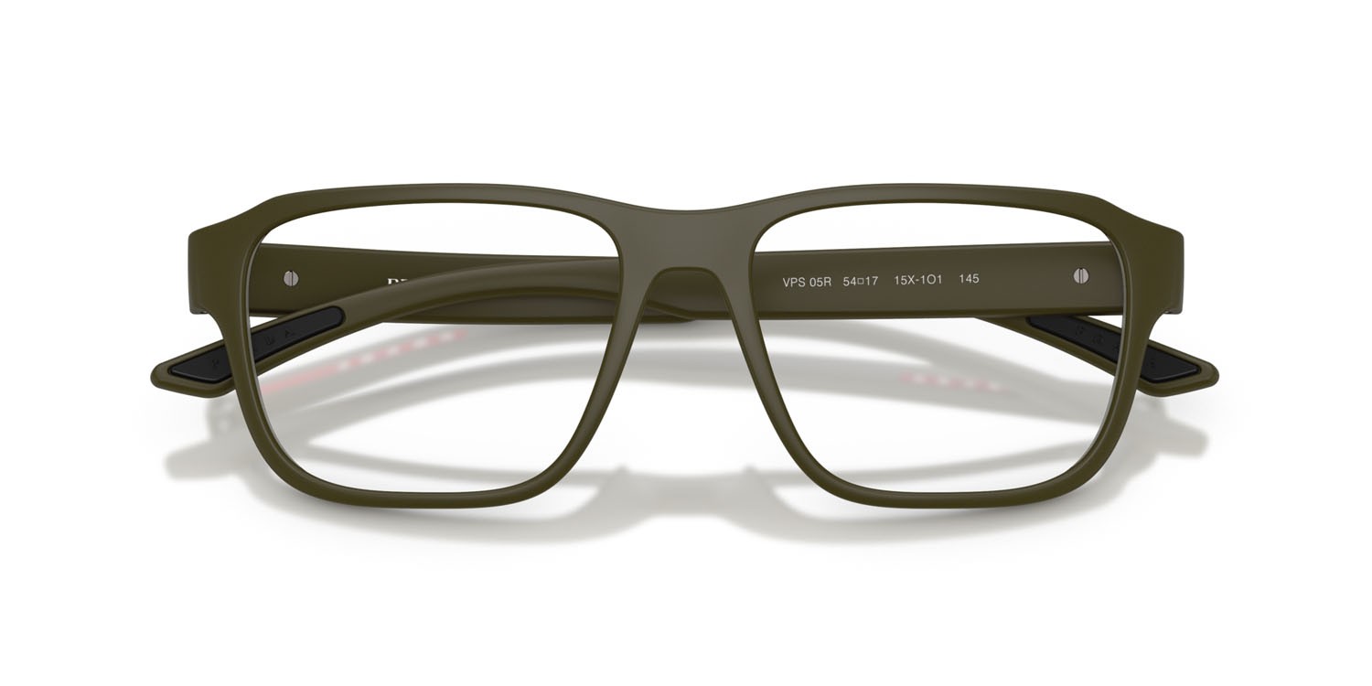 Occhiali da vista Prada Linea Rossa PS 05RV (15X1O1) colore verde opaco forma irregolare lenti lente demo
