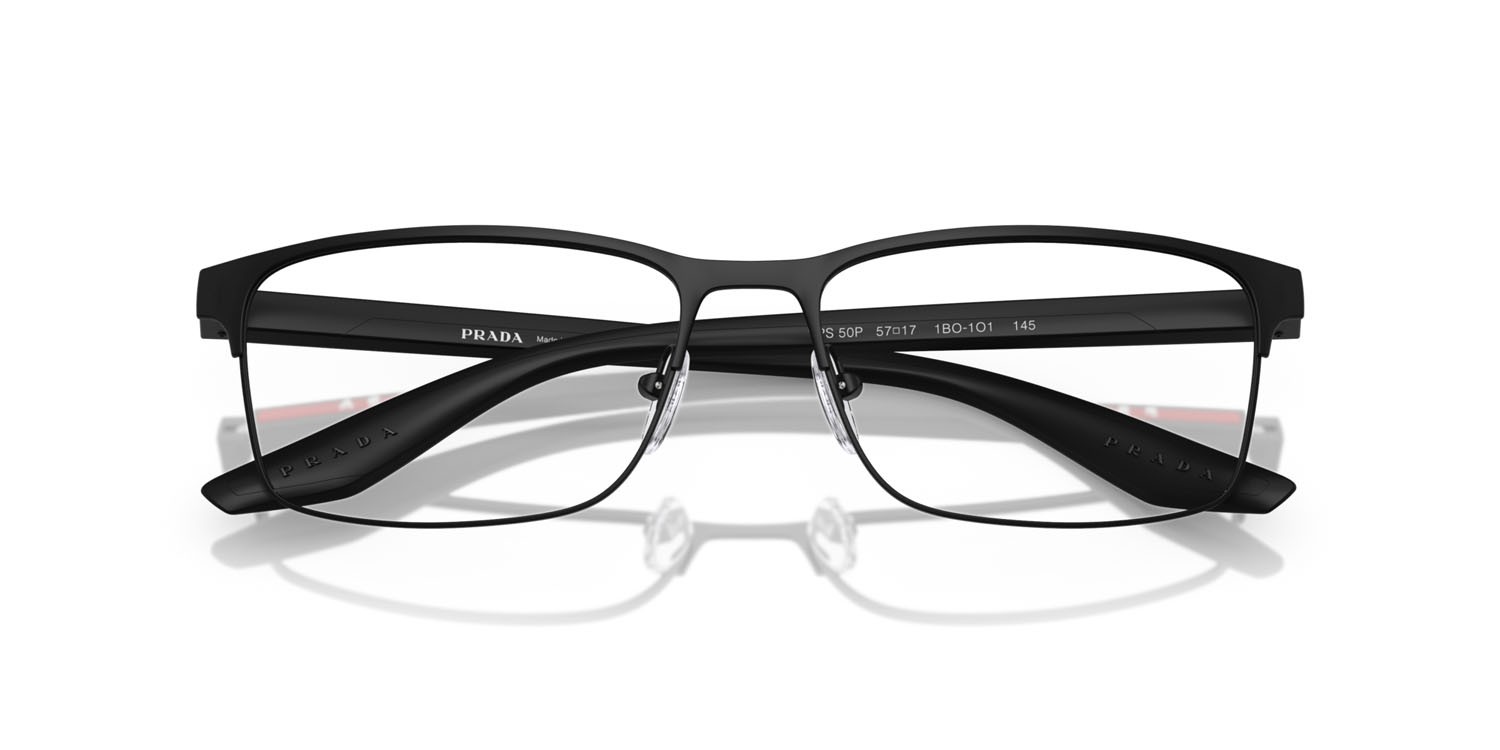 Occhiali da vista Prada Linea Rossa PS 50PV (1BO1O1) colore nero opaco forma rettangolare lenti lente demo