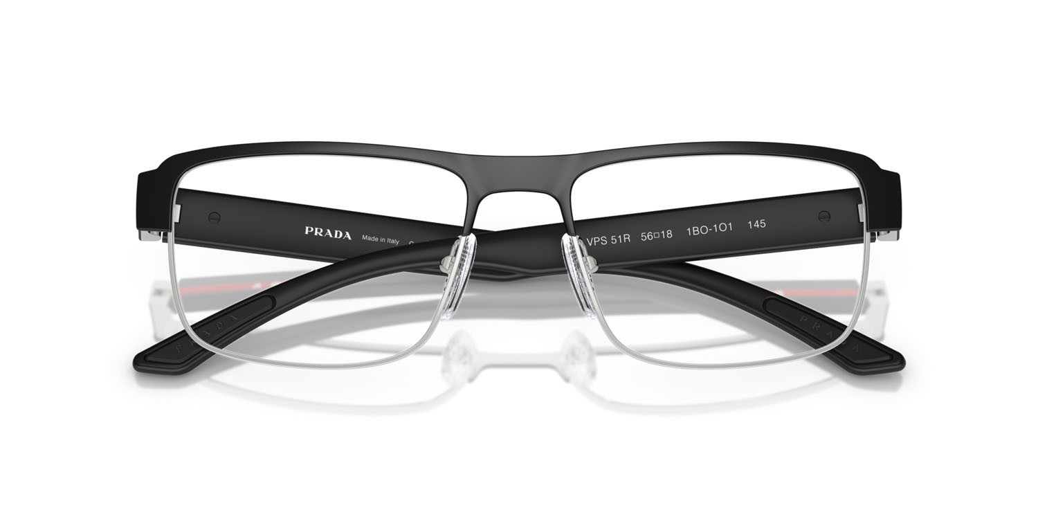 Occhiali da vista Prada Linea Rossa PS 51RV (1BO1O1) colore nero opaco/argento forma rettangolare lenti lente demo