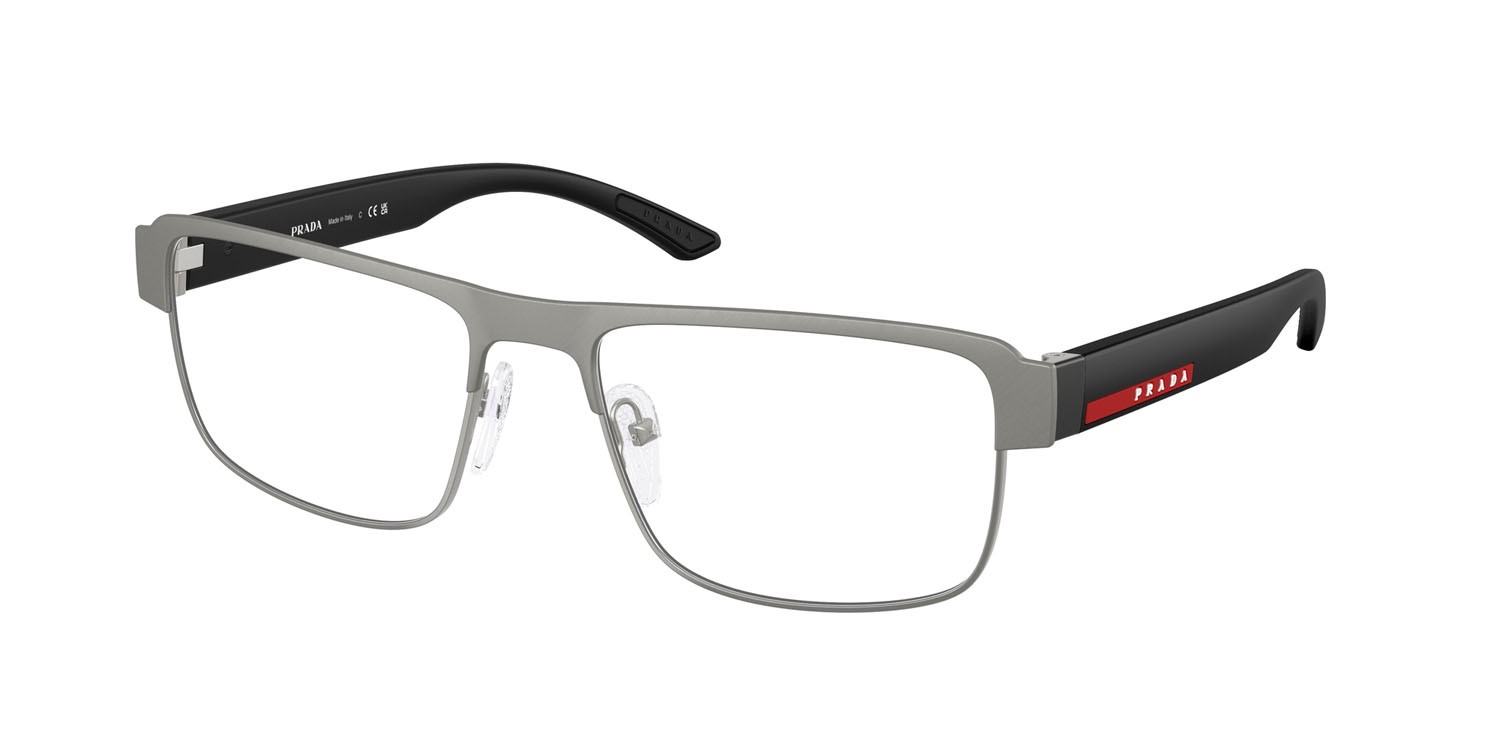 Eyeglasses Prada Linea Rossa PS 51RV (DHG1O1) color grigio piombo opaco spazzolato shape rectangle lenses lente demo