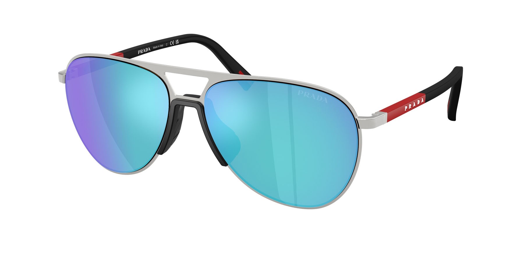 Occhiali da sole Prada Linea Rossa PS 53ZS (1BC08R) colore argento forma aviator lenti verde chiaro specchiato blu